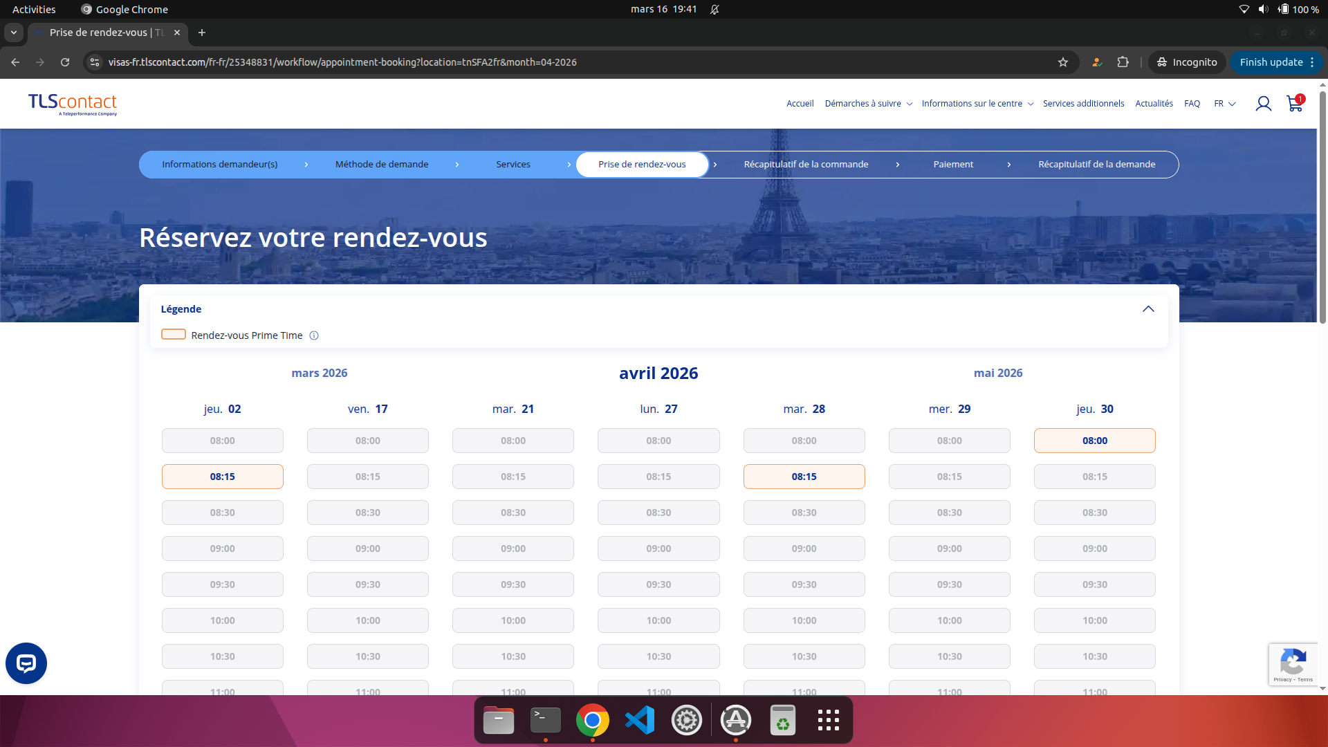 Capture d'écran du rendez-vous disponible