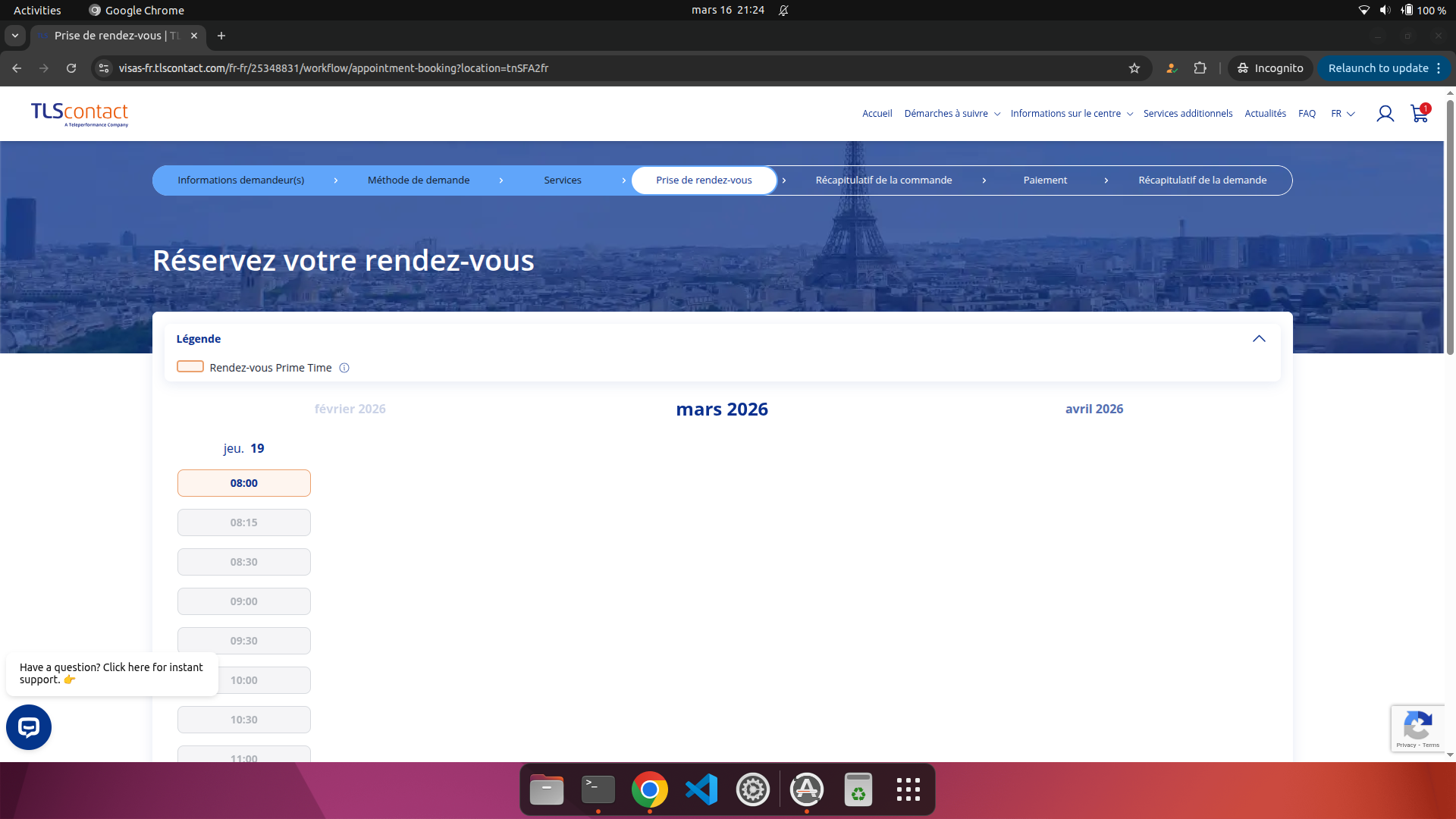 Capture d'écran du rendez-vous disponible
