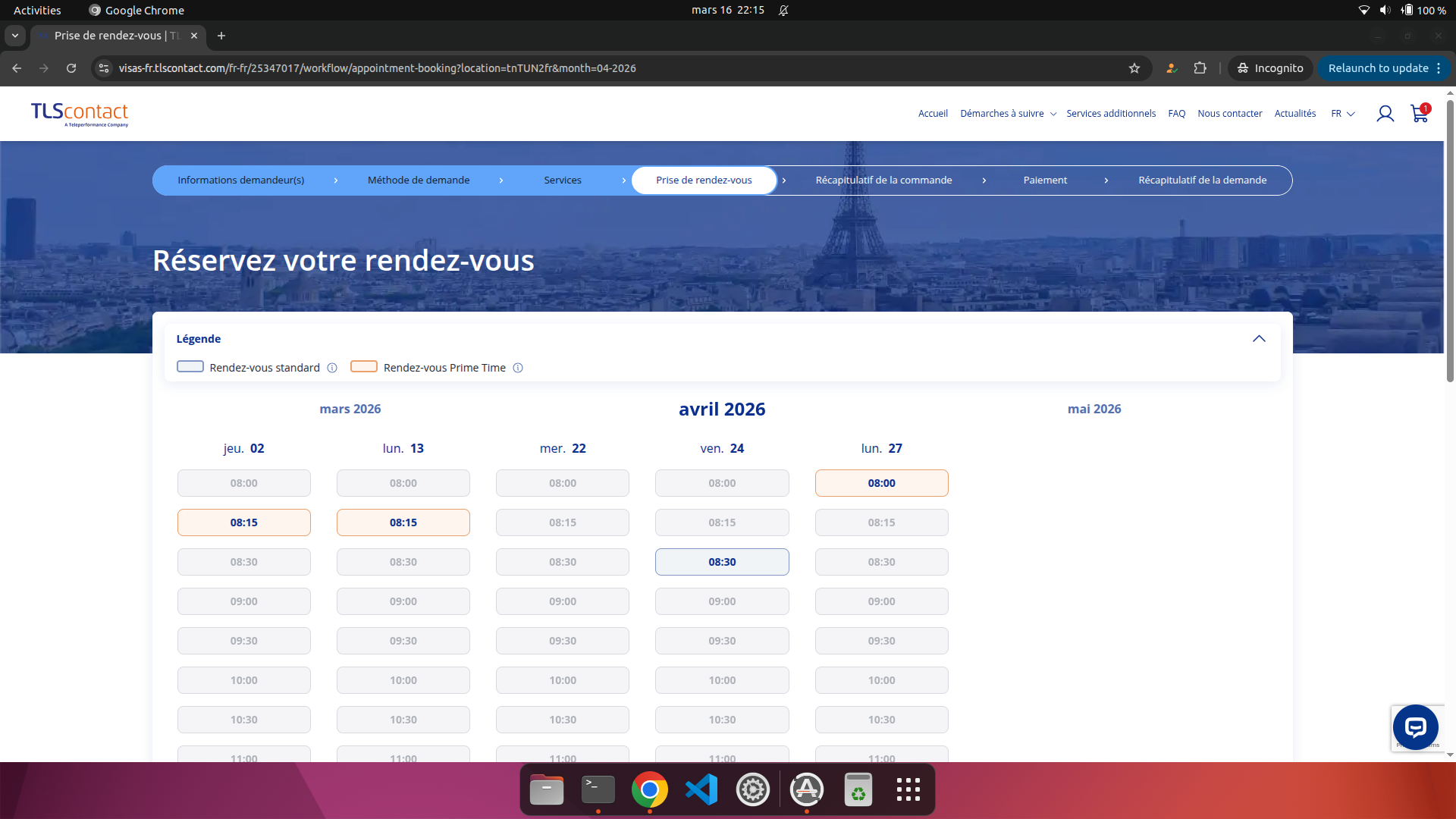 Capture d'écran du rendez-vous disponible