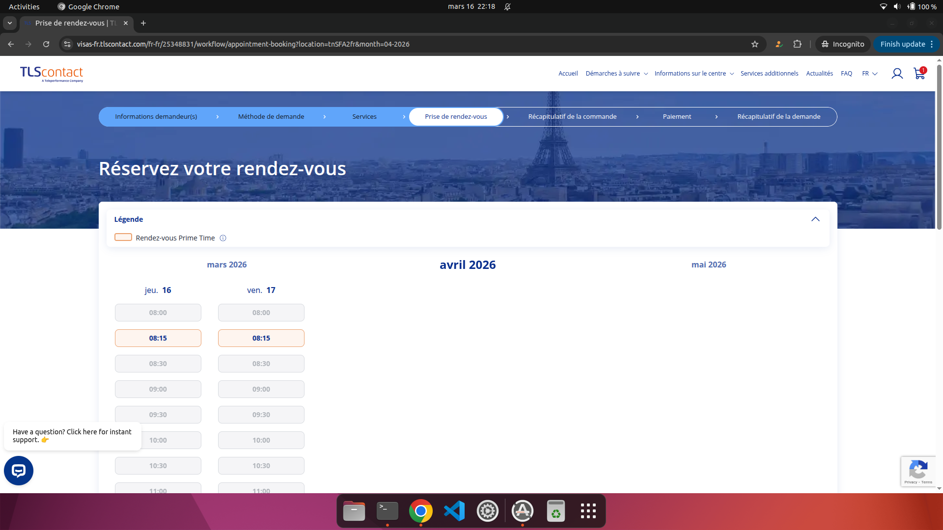 Capture d'écran du rendez-vous disponible