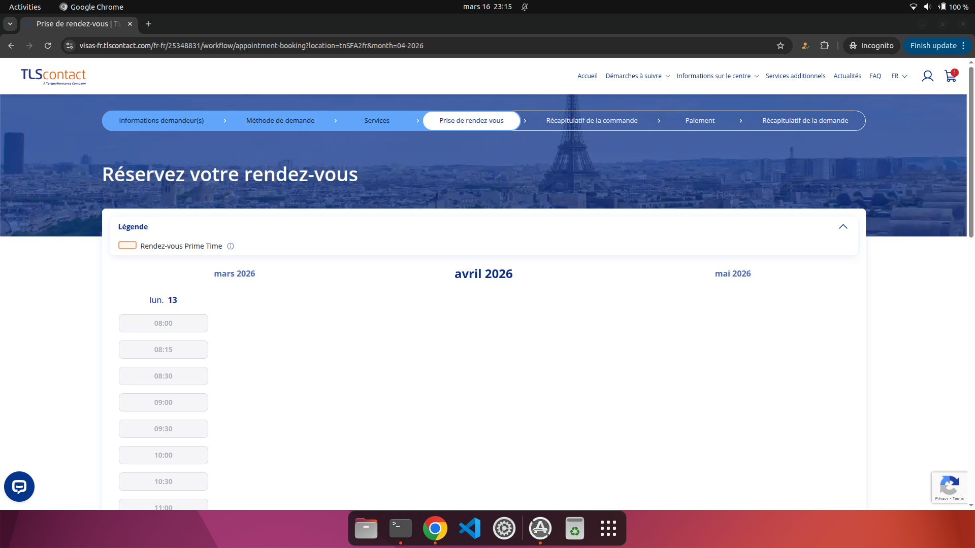 Capture d'écran du rendez-vous disponible