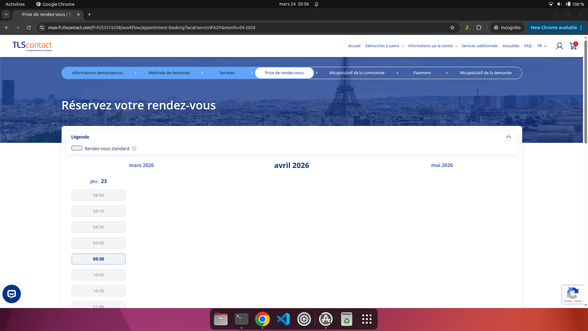 Capture d'écran du rendez-vous disponible