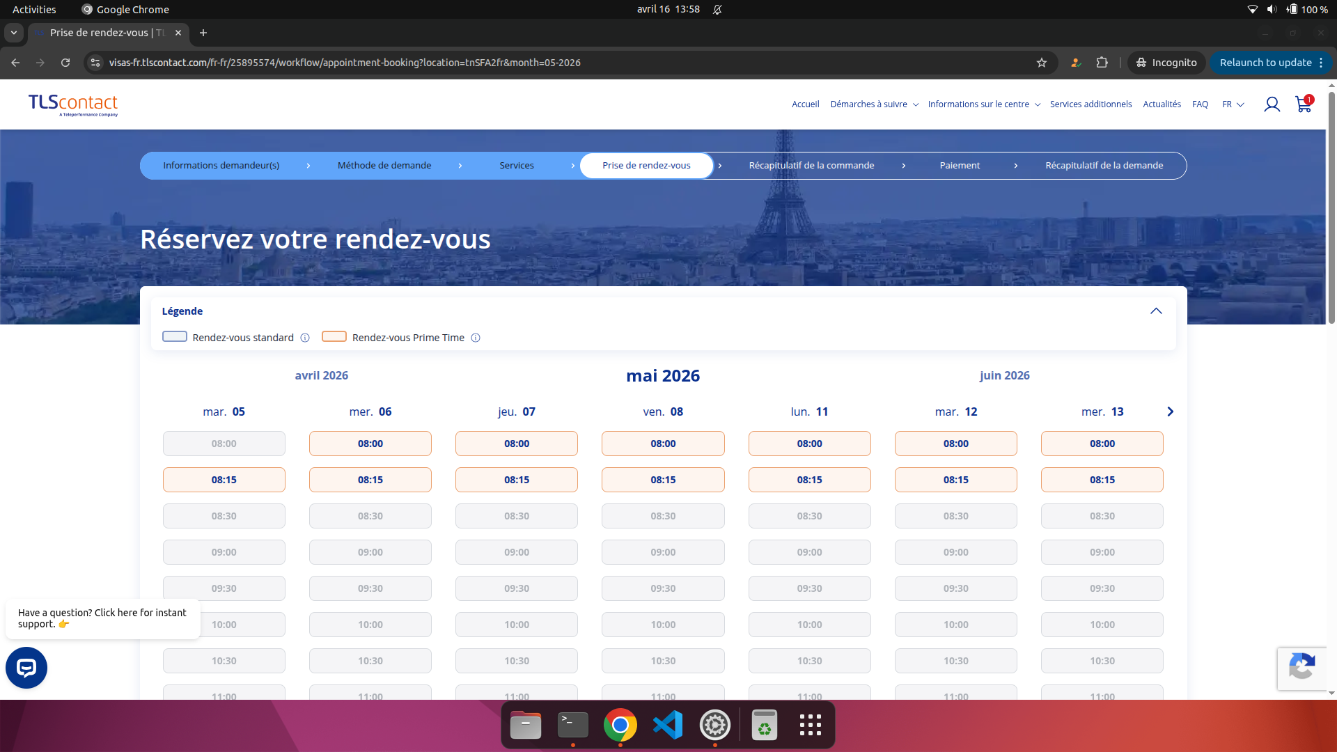 Capture d'écran du rendez-vous disponible