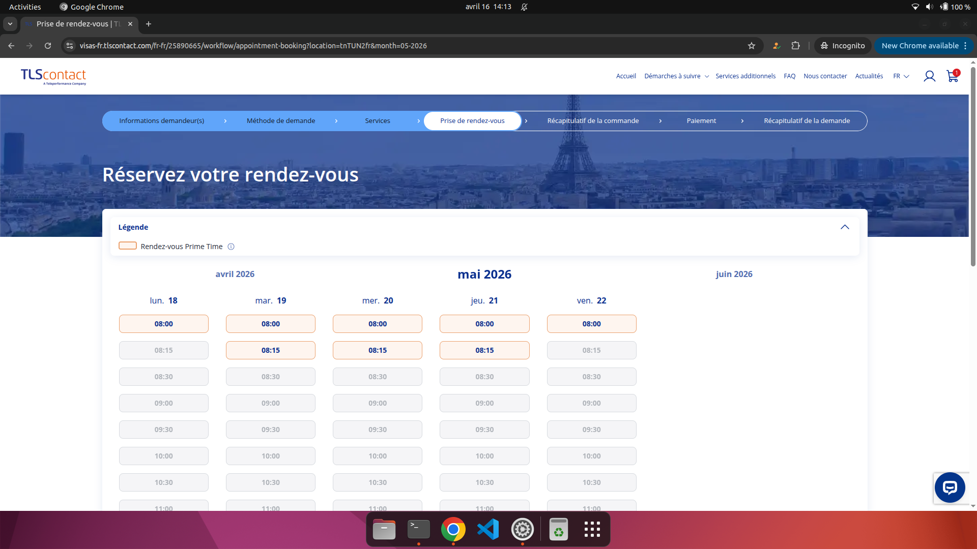 Capture d'écran du rendez-vous disponible