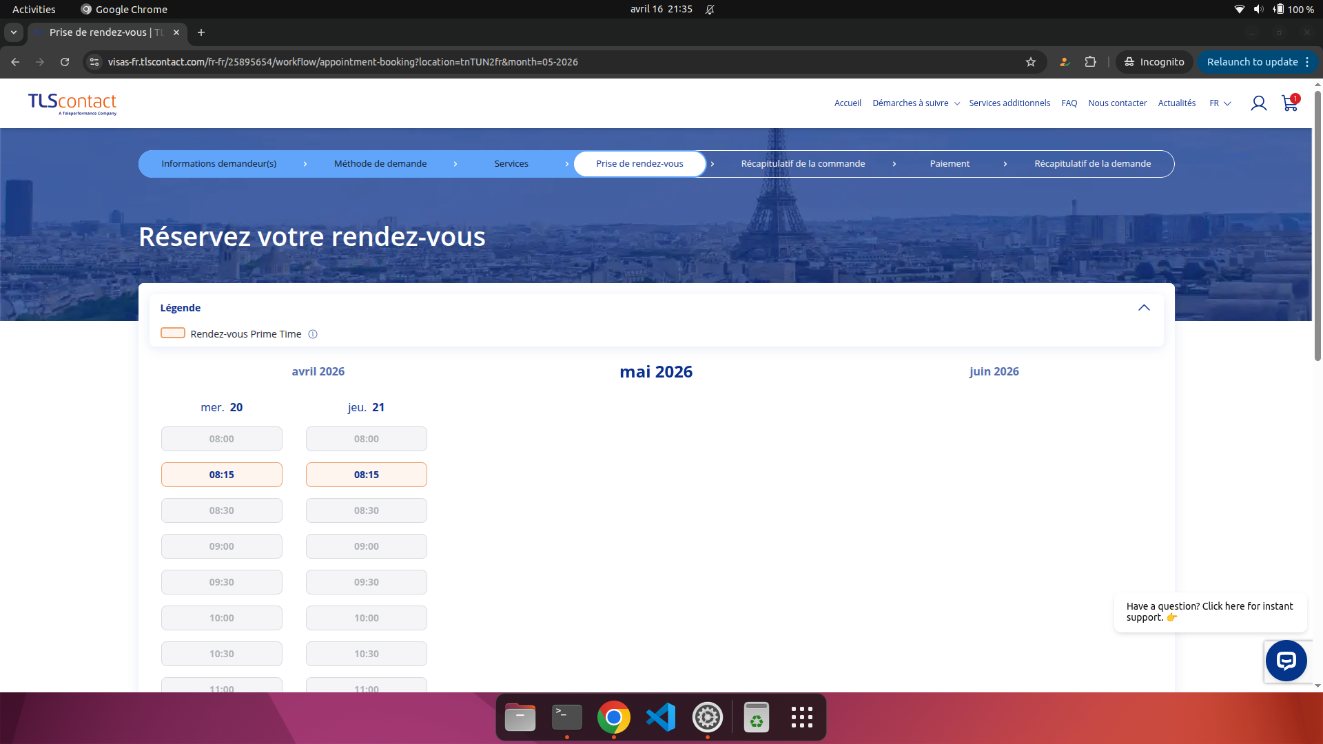 Capture d'écran du rendez-vous disponible