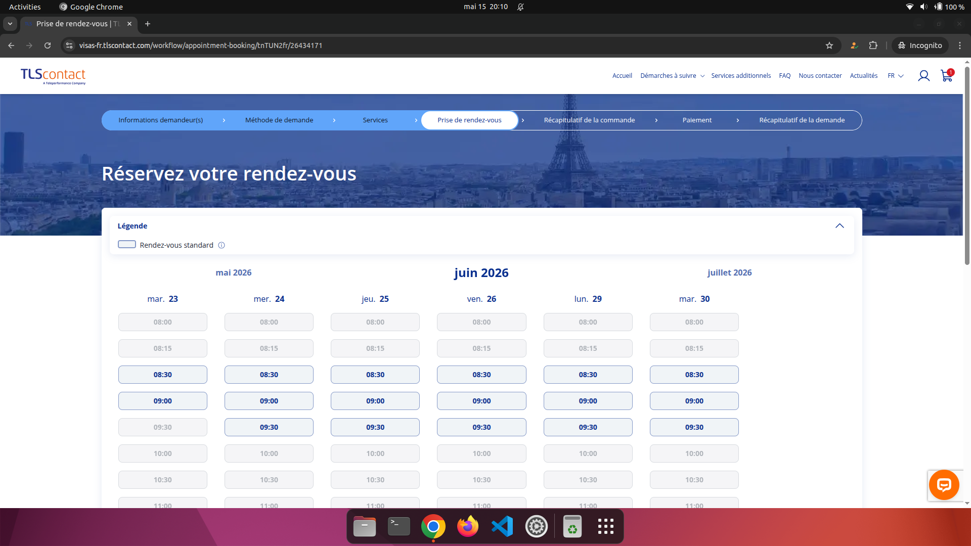 Capture d'écran du rendez-vous disponible