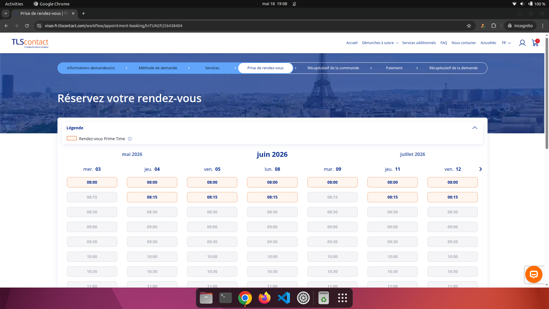 Capture d'écran du rendez-vous disponible
