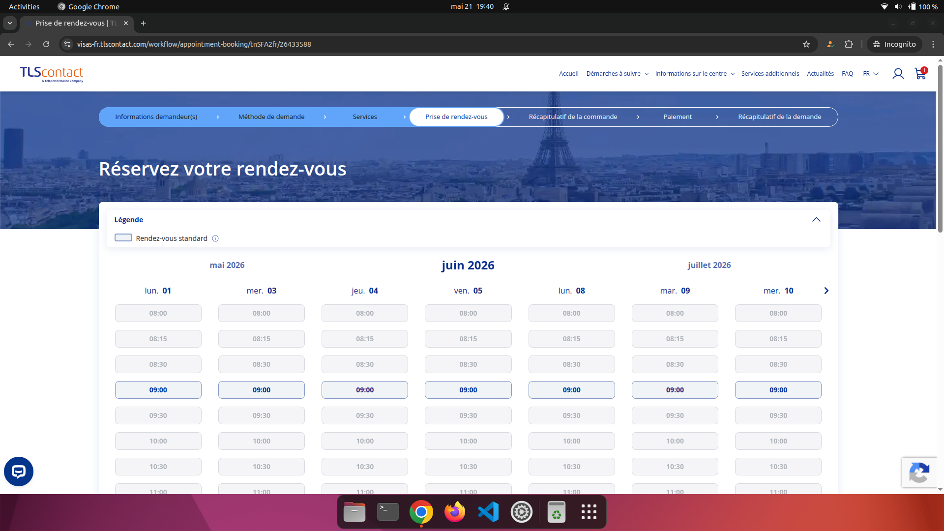 Capture d'écran du rendez-vous disponible