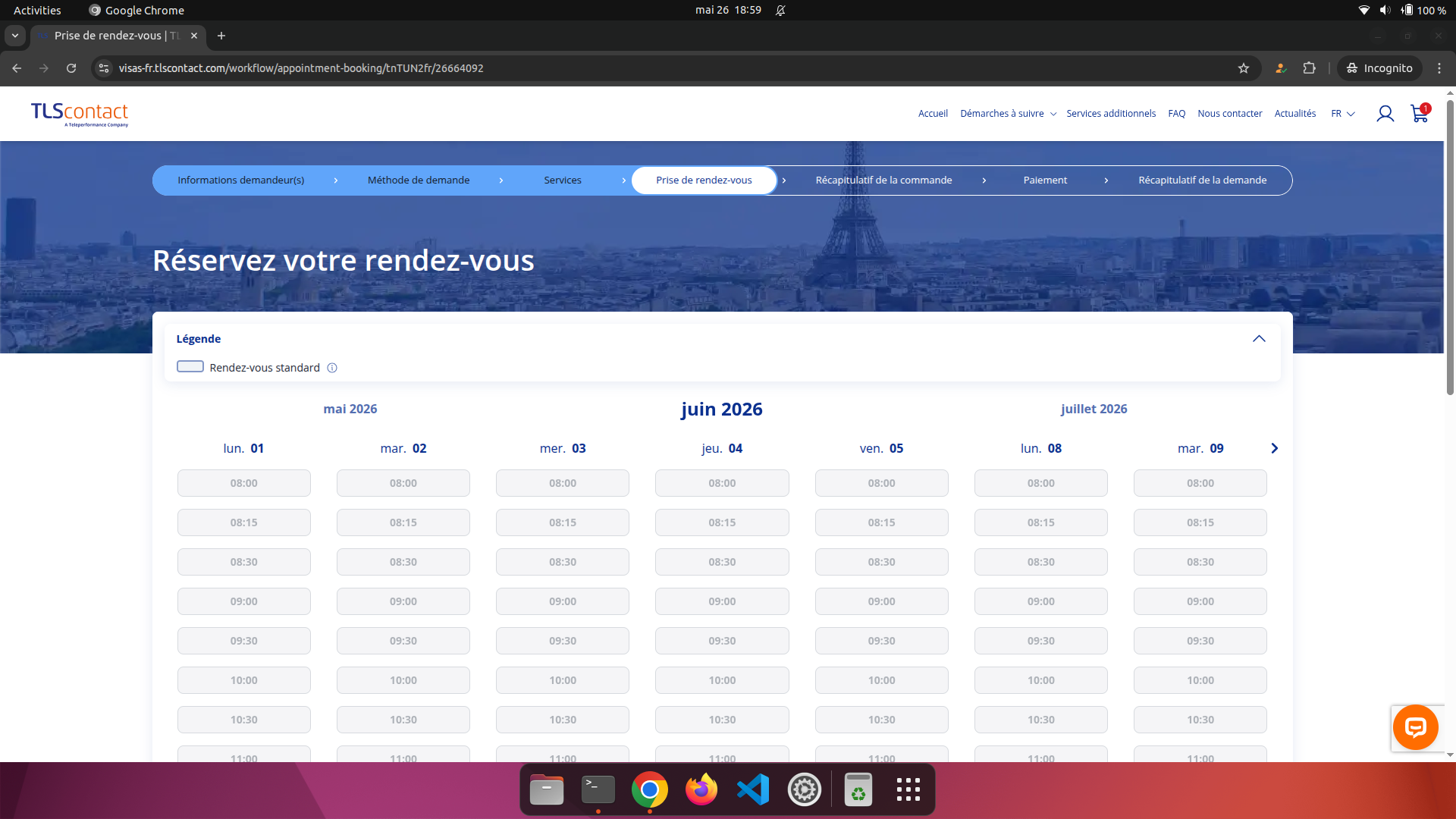 Capture d'écran du rendez-vous disponible