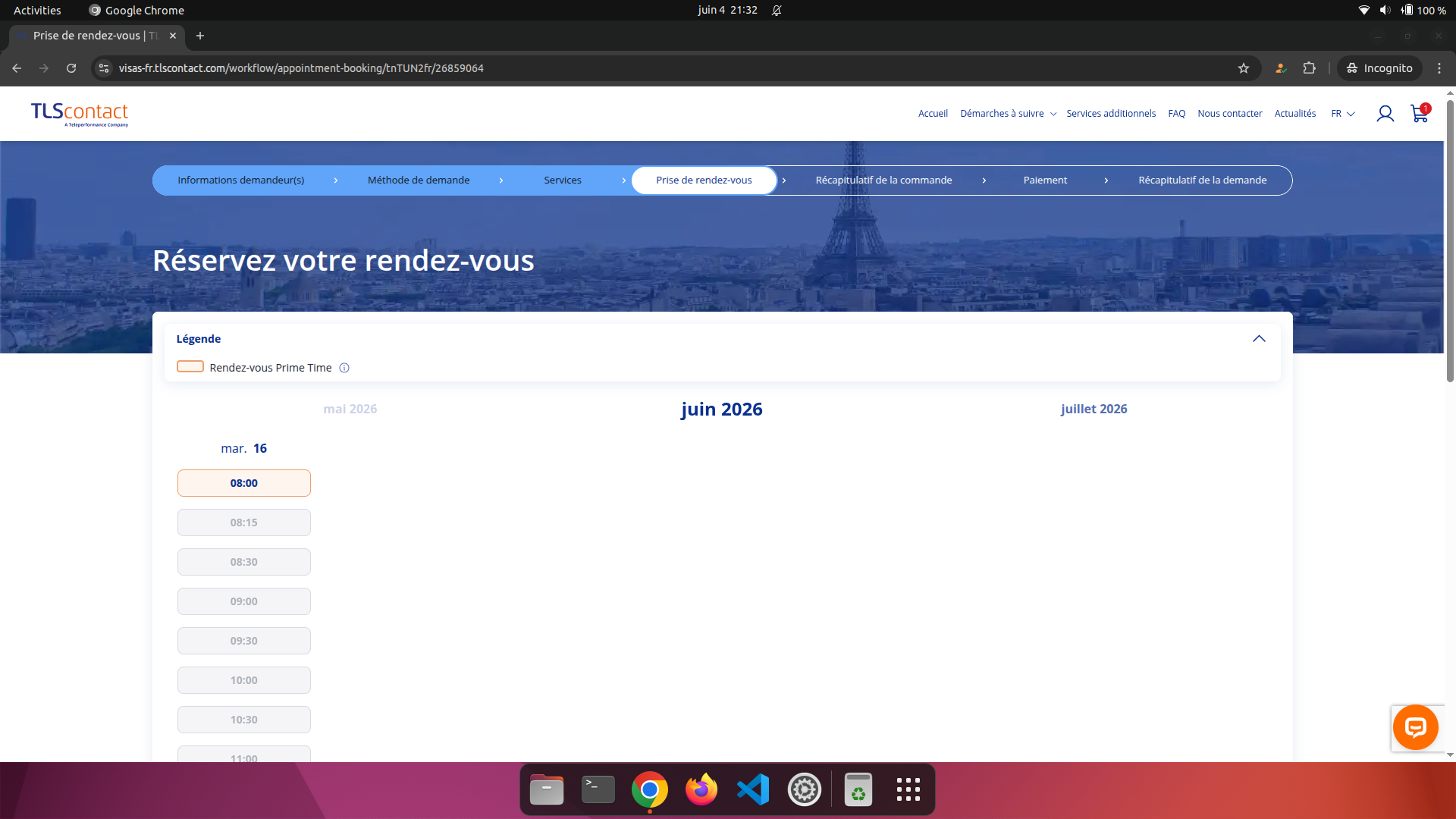 Capture d'écran du rendez-vous disponible