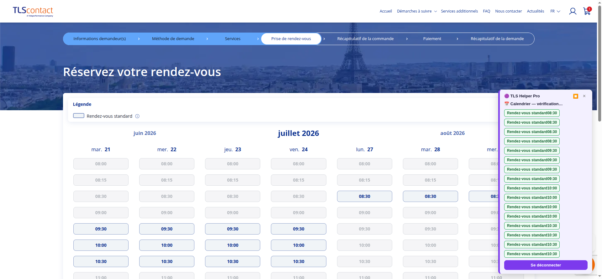 Capture d'écran du rendez-vous disponible