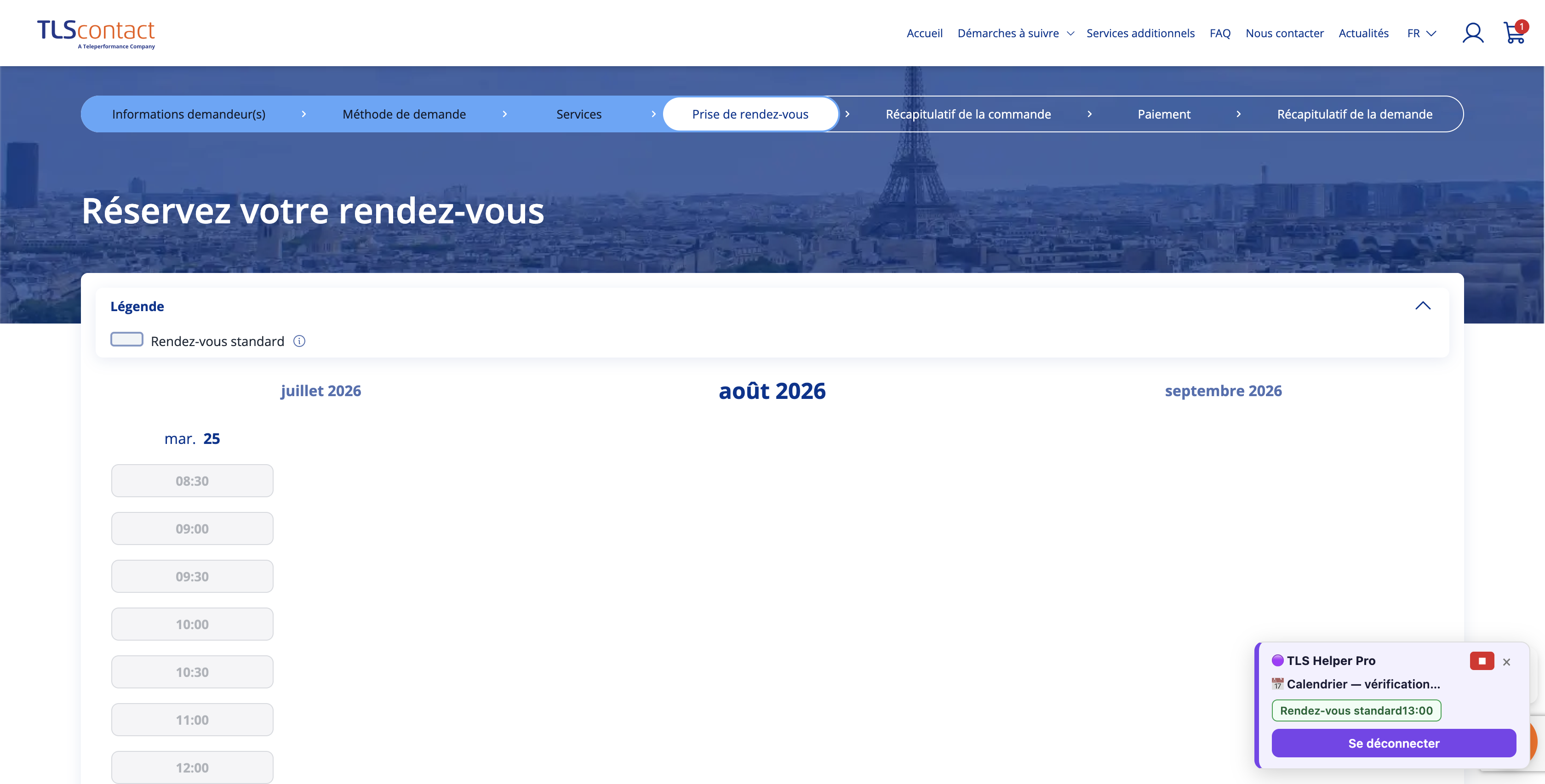 Capture d'écran du rendez-vous disponible