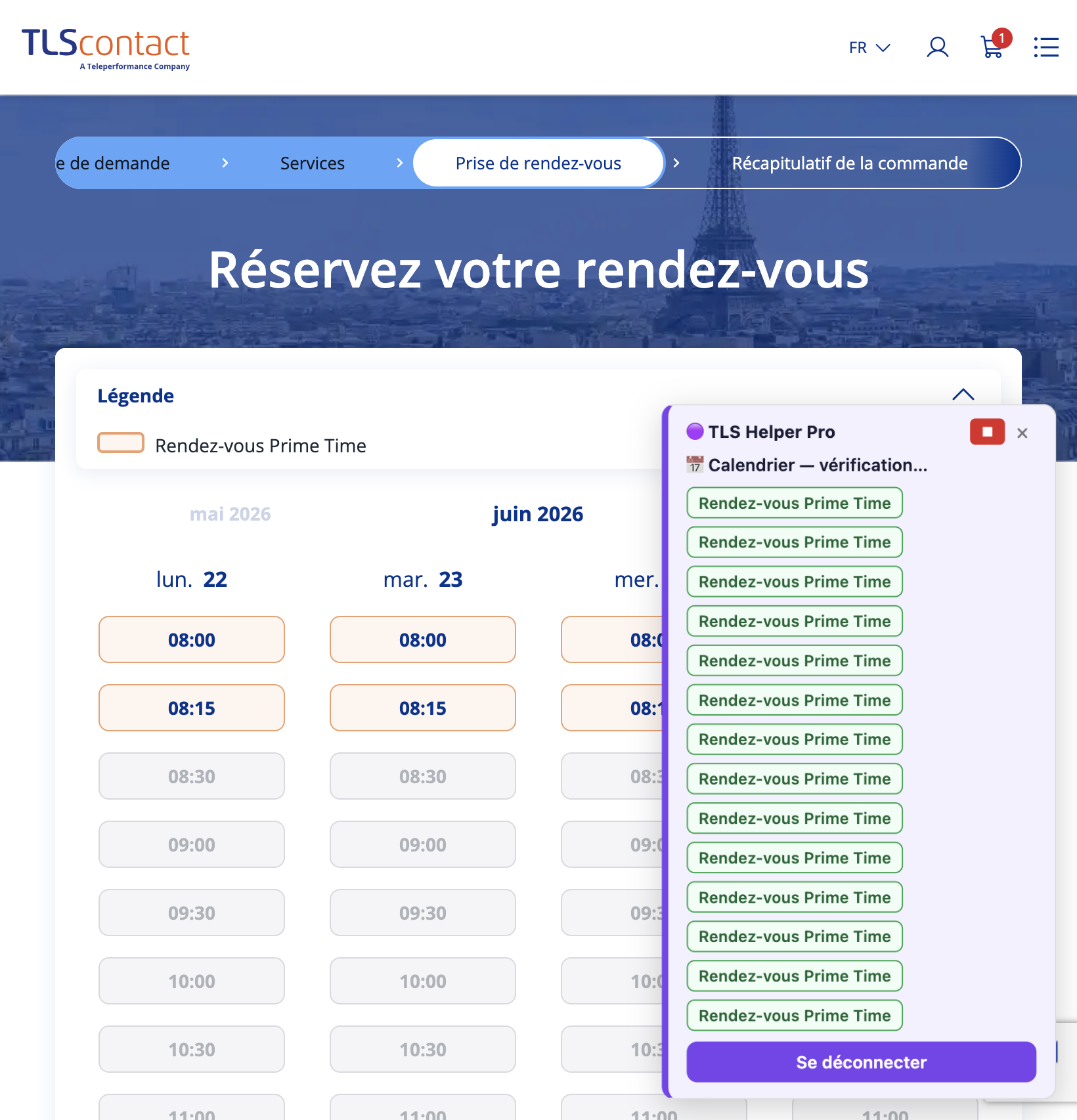 Capture d'écran du rendez-vous disponible
