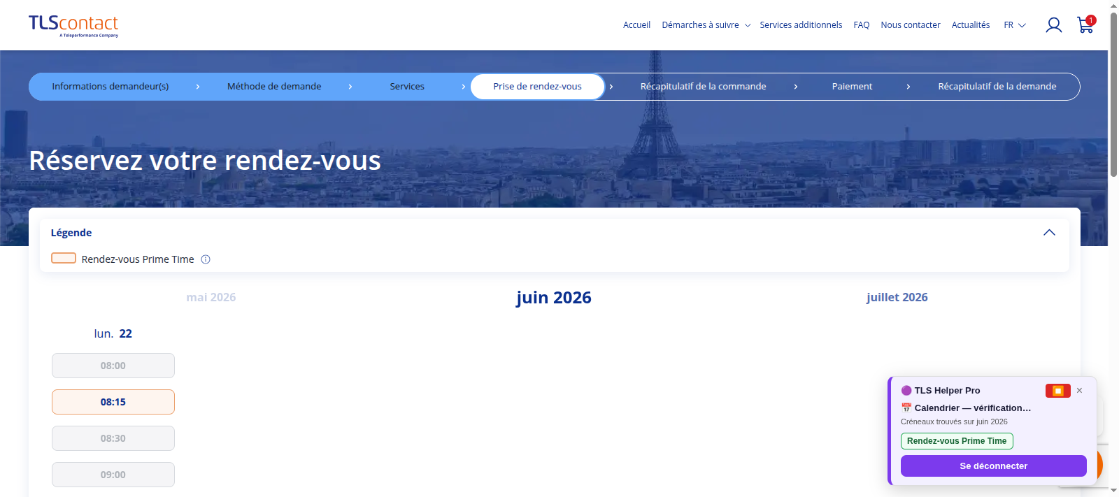 Capture d'écran du rendez-vous disponible