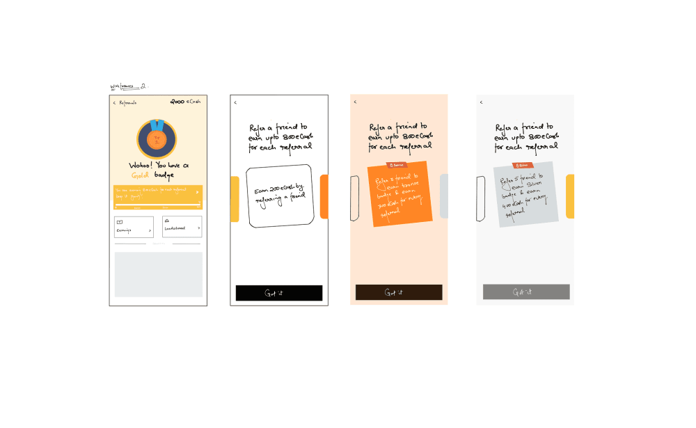 Wireframes — Gold badge screen and tier card concepts
