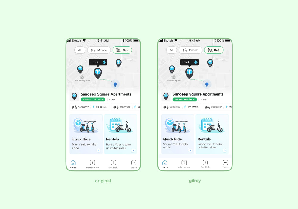 Gilroy — original vs Gilroy side-by-side app mockup
