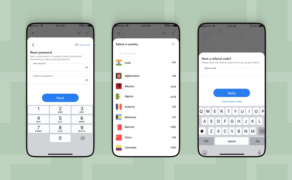 Redesigned screens — Reset Password, Select Country, Referral Code