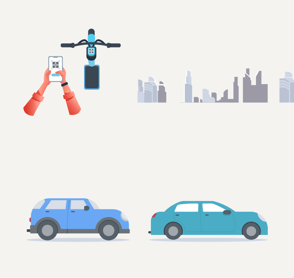 Illustration assets — QR code scanning hands, cityscape, car illustrations