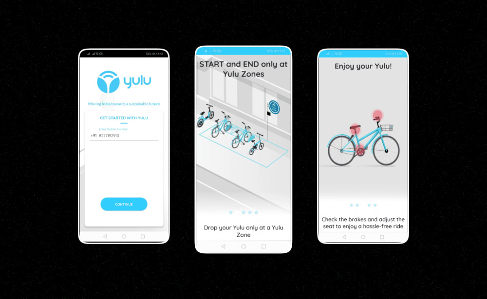 First version of onboarding — Welcome to Yulu, Start and End at Yulu Zones, Enjoy your Yulu