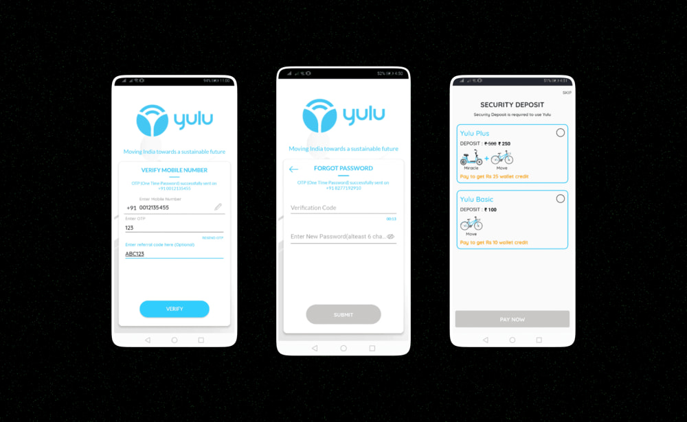 First version signup flow — Verify Mobile Number, Forgot Password, Security Deposit