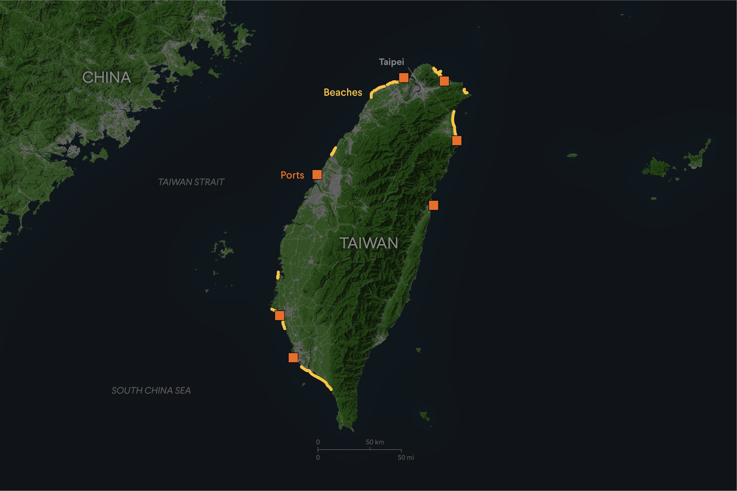 Map of Taiwan showing ports.