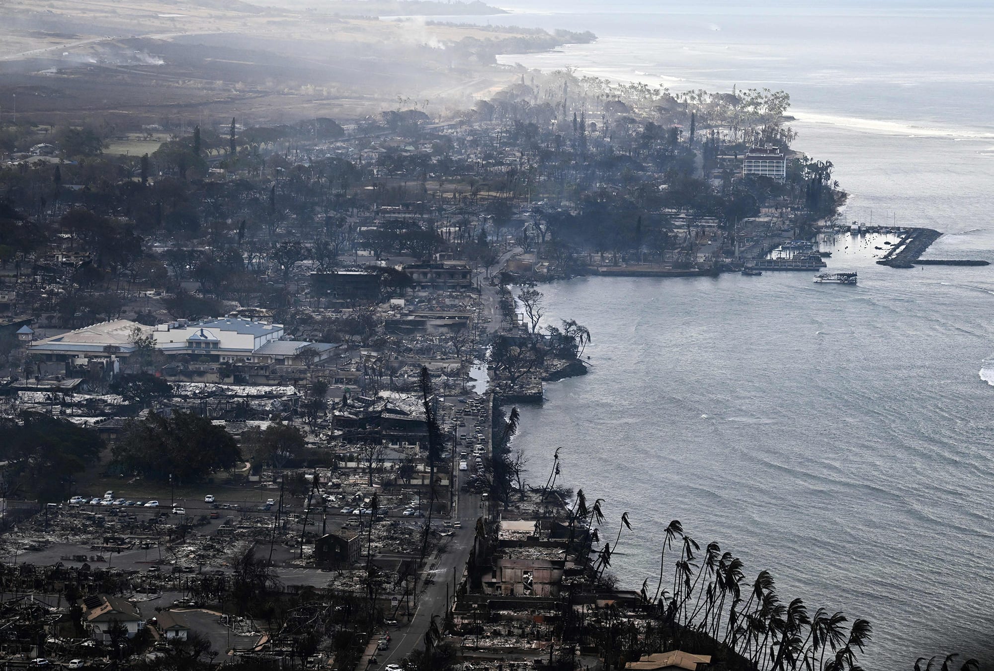 An aerial view shows destroyed homes and buildings that burned to the ground around the harbor and Front Street in the historic Lahaina Town.