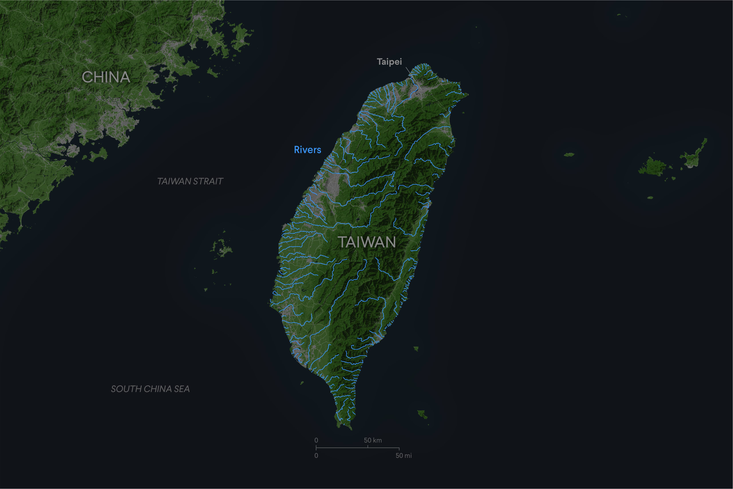 Map showing Taiwans rivers.
