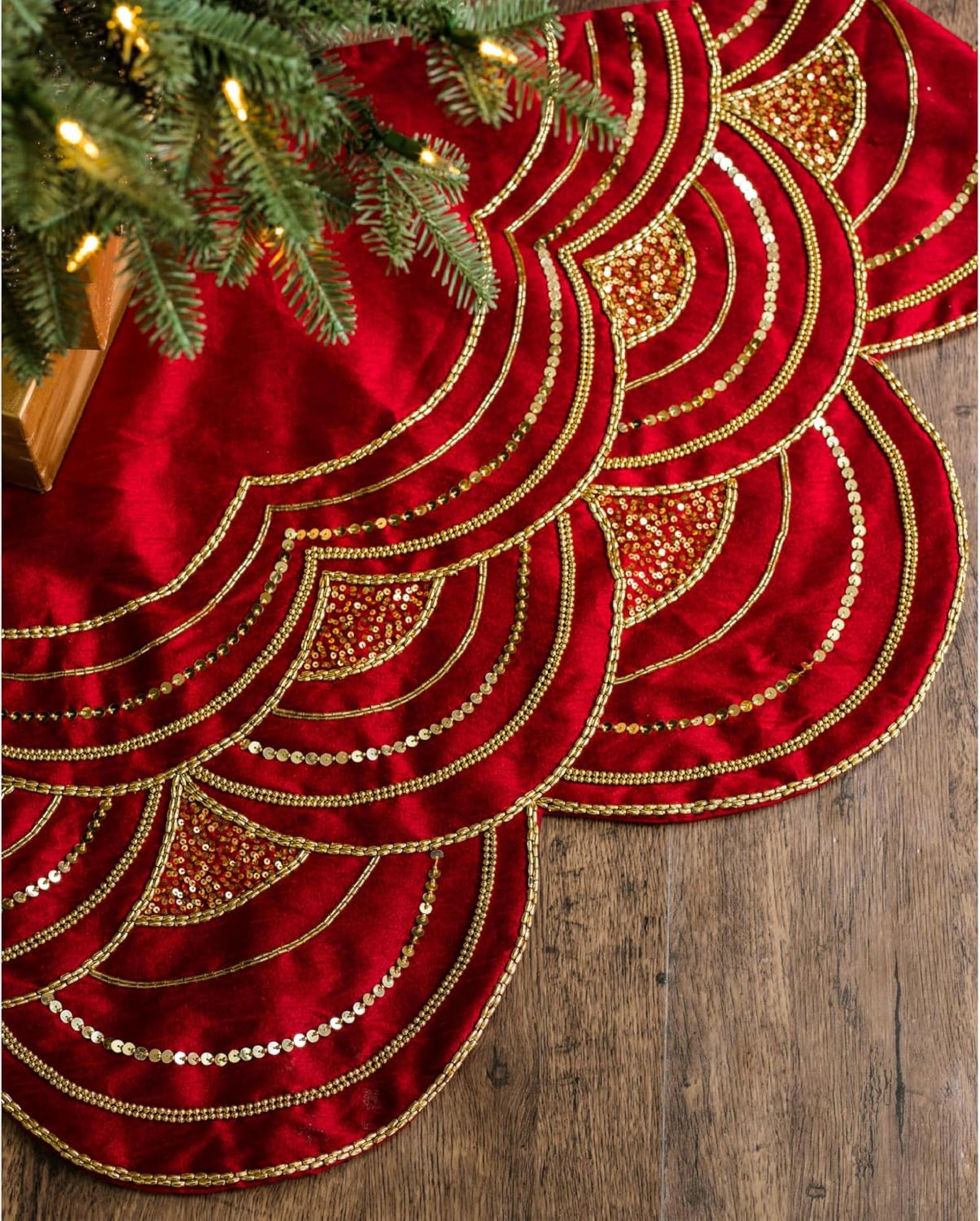 Balsam Hill Elizabeth Beaded Christmas Tree Skirt - Cranberry, Silver & Gold - 1
