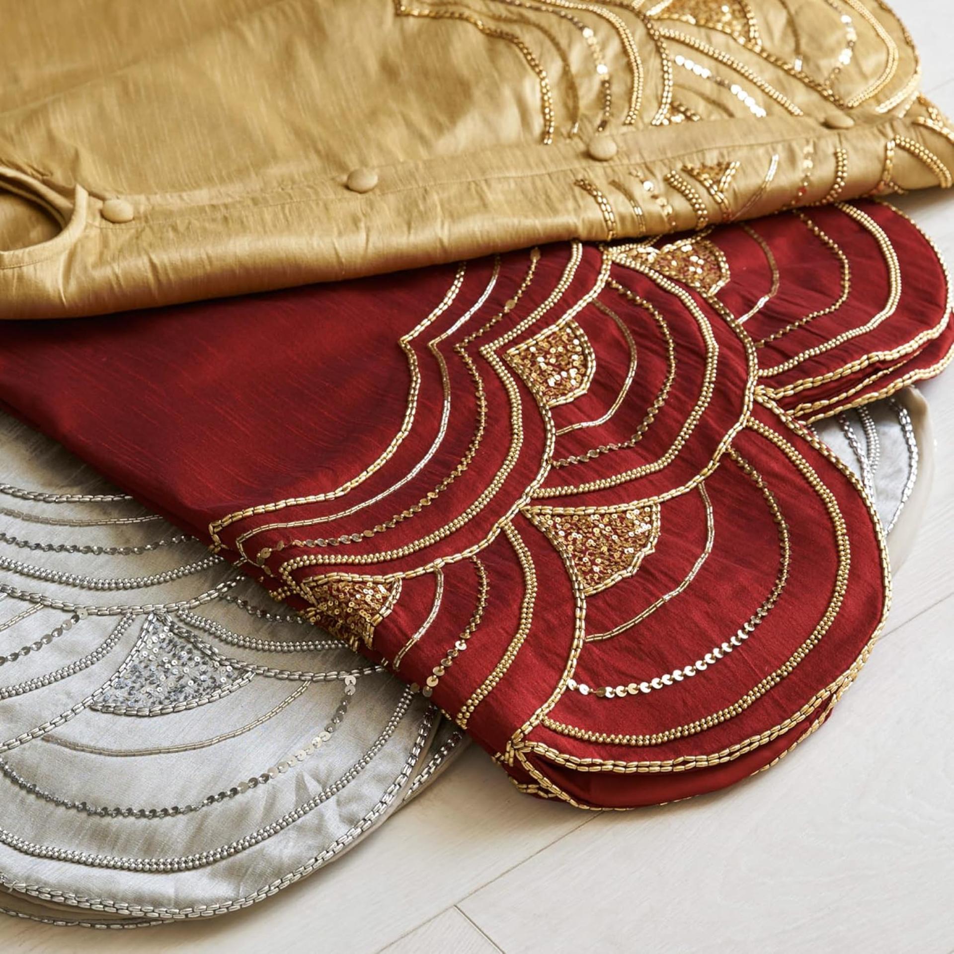 Balsam Hill Elizabeth Beaded Christmas Tree Skirt - Cranberry, Silver & Gold - 2
