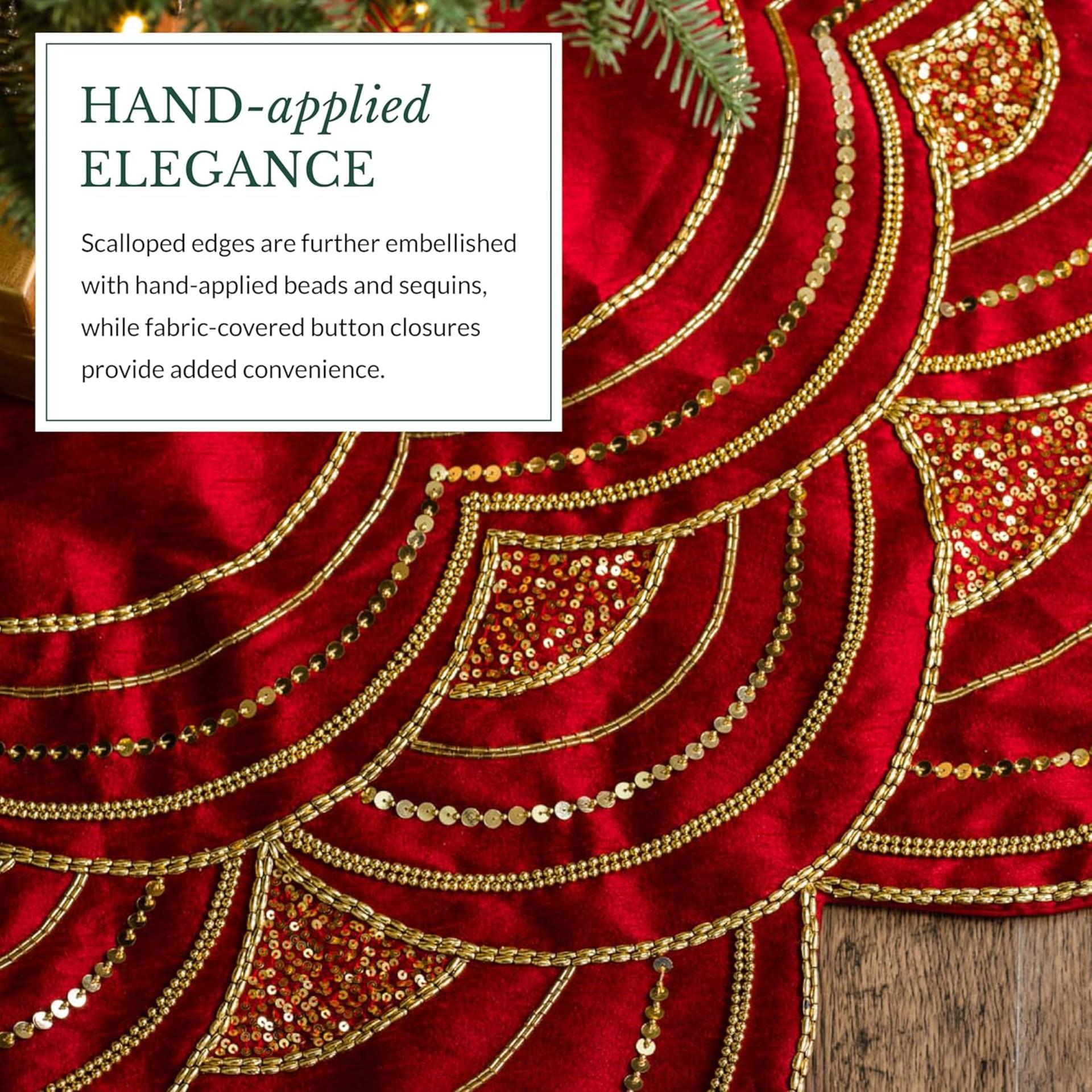 Balsam Hill Elizabeth Beaded Christmas Tree Skirt - Cranberry, Silver & Gold - 5