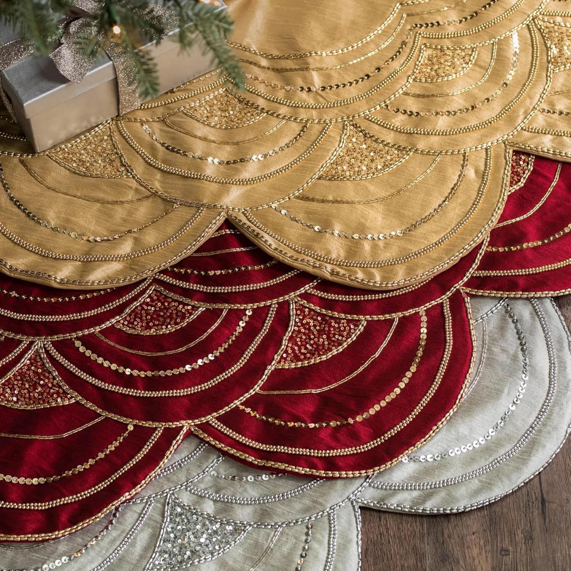 Balsam Hill Elizabeth Beaded Christmas Tree Skirt - Cranberry, Silver & Gold - 6