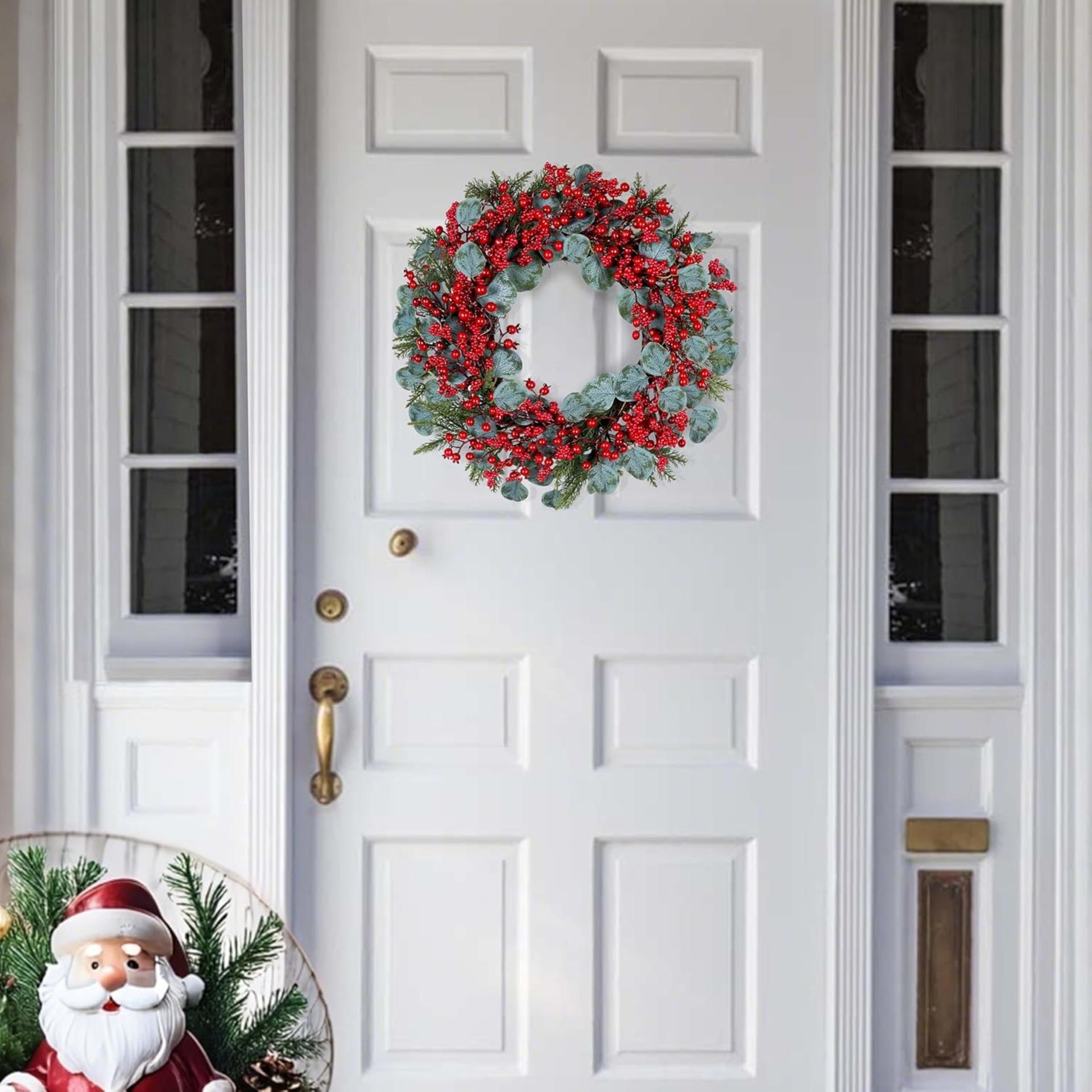 Christmas Wreath 22 Inch - Red Berry with Eucalyptus Leaves & Pine Needles for Front Door - 2