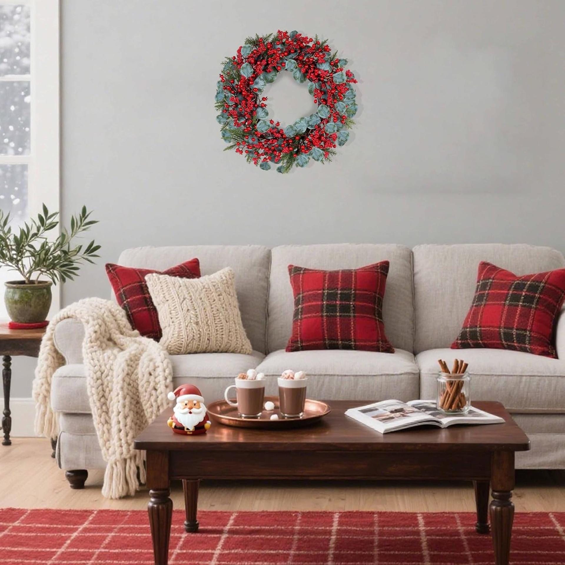 Christmas Wreath 22 Inch - Red Berry with Eucalyptus Leaves & Pine Needles for Front Door - 6