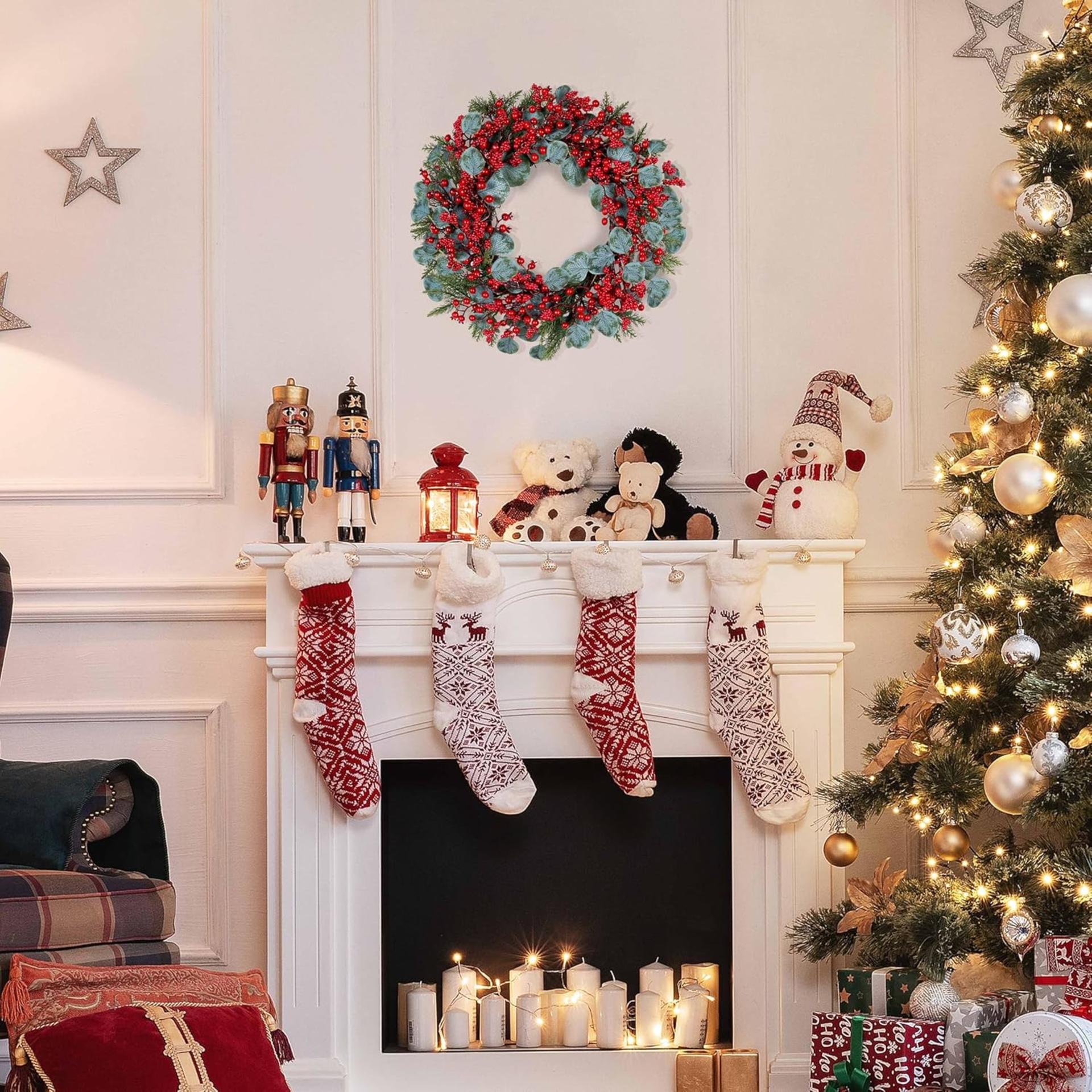 Christmas Wreath 22 Inch - Red Berry with Eucalyptus Leaves & Pine Needles for Front Door - 7