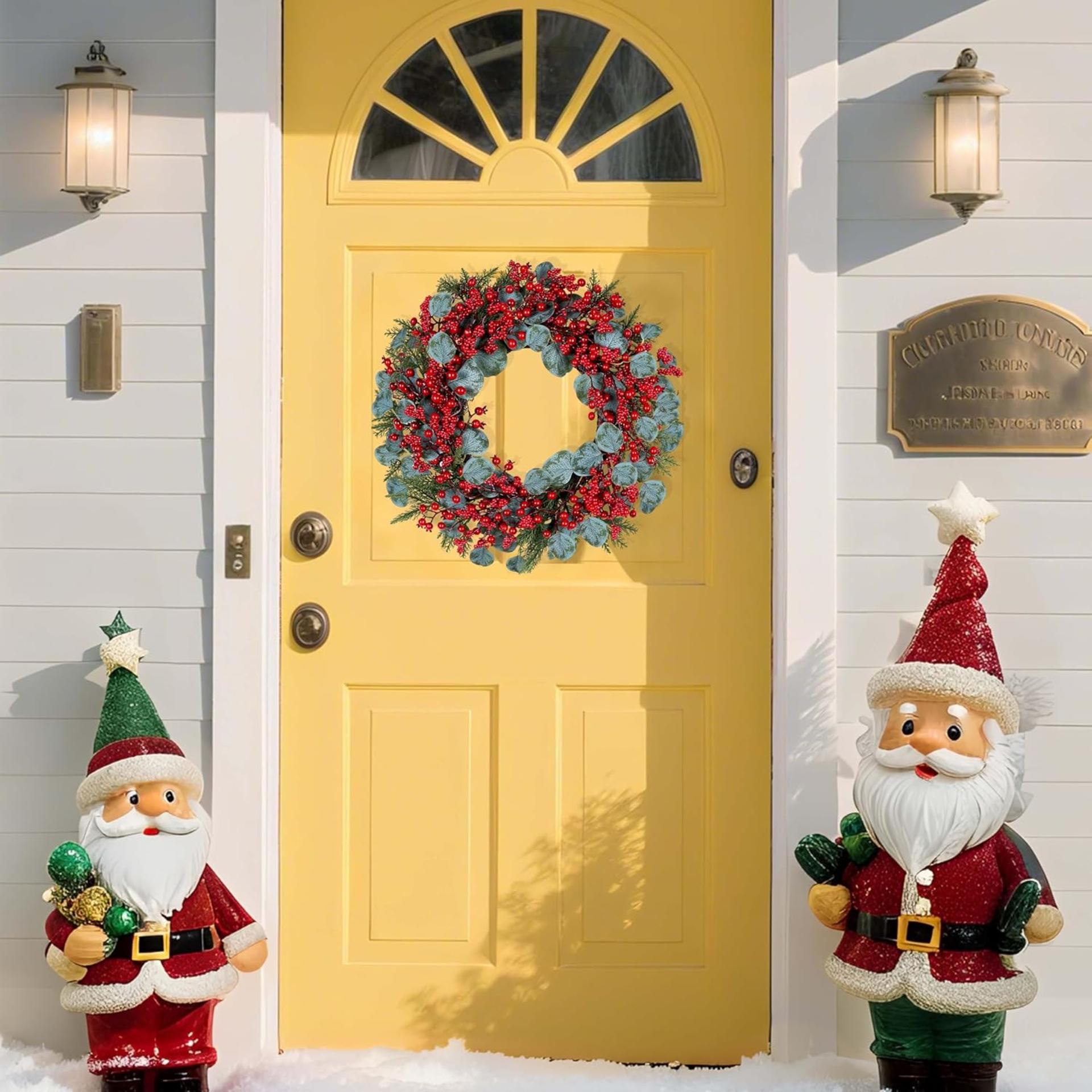Christmas Wreath 22 Inch - Red Berry with Eucalyptus Leaves & Pine Needles for Front Door - 8