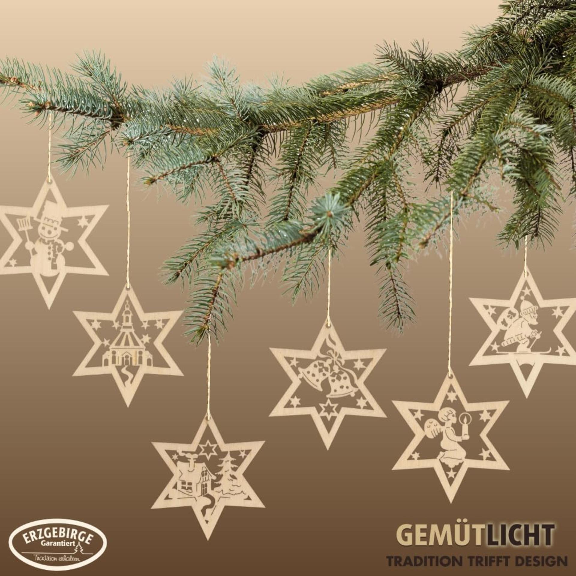 Christmas Tree Decorations 6 Pieces - Wooden Star Ornaments with German Ore Mountains Design - 1