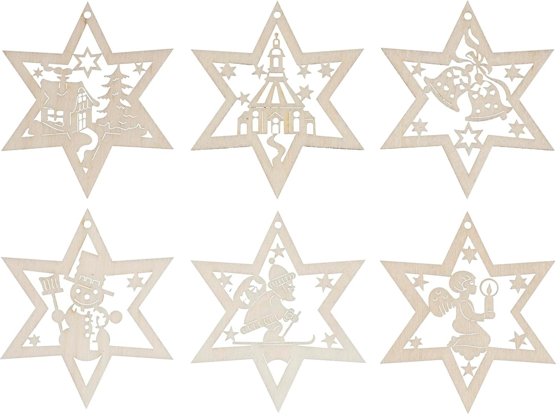 Christmas Tree Decorations 6 Pieces - Wooden Star Ornaments with German Ore Mountains Design - 3