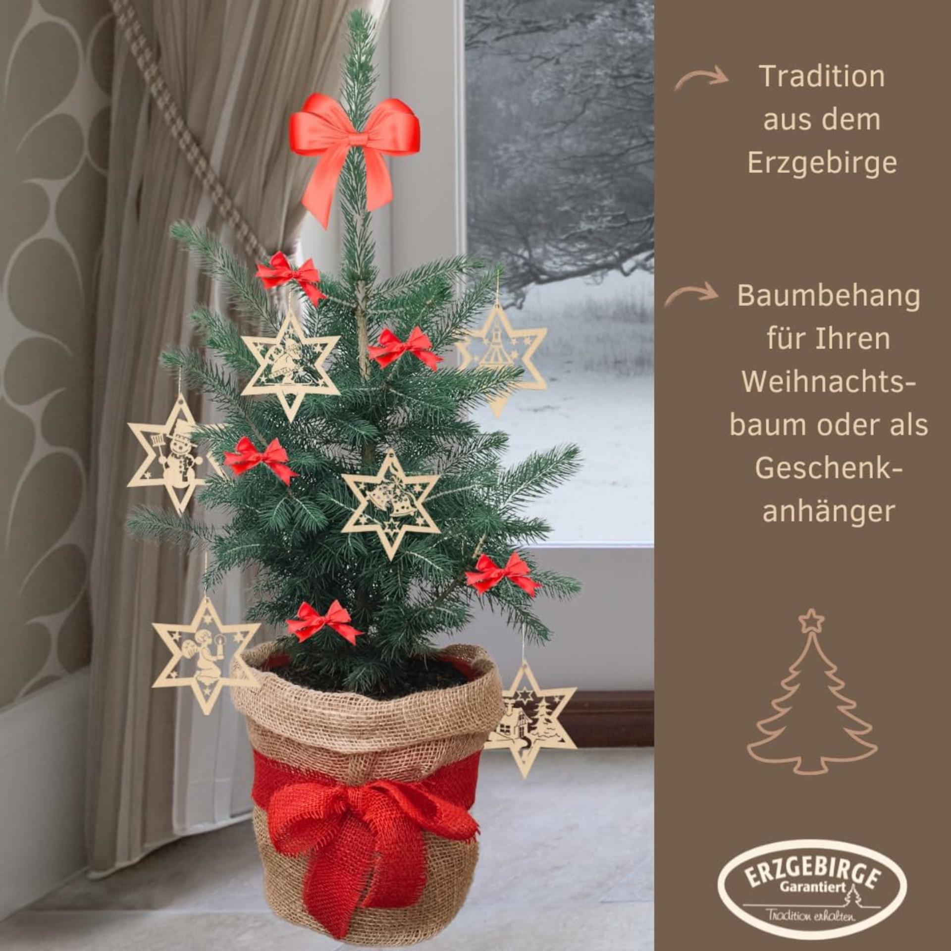 Christmas Tree Decorations 6 Pieces - Wooden Star Ornaments with German Ore Mountains Design - 4