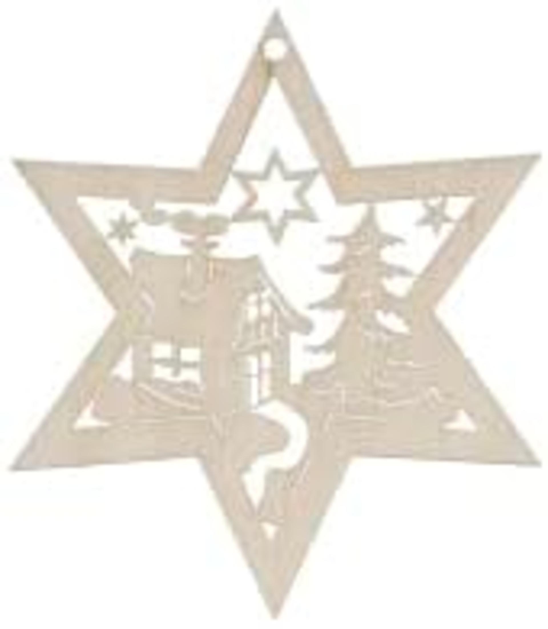 Christmas Tree Decorations 6 Pieces - Wooden Star Ornaments with German Ore Mountains Design - 7