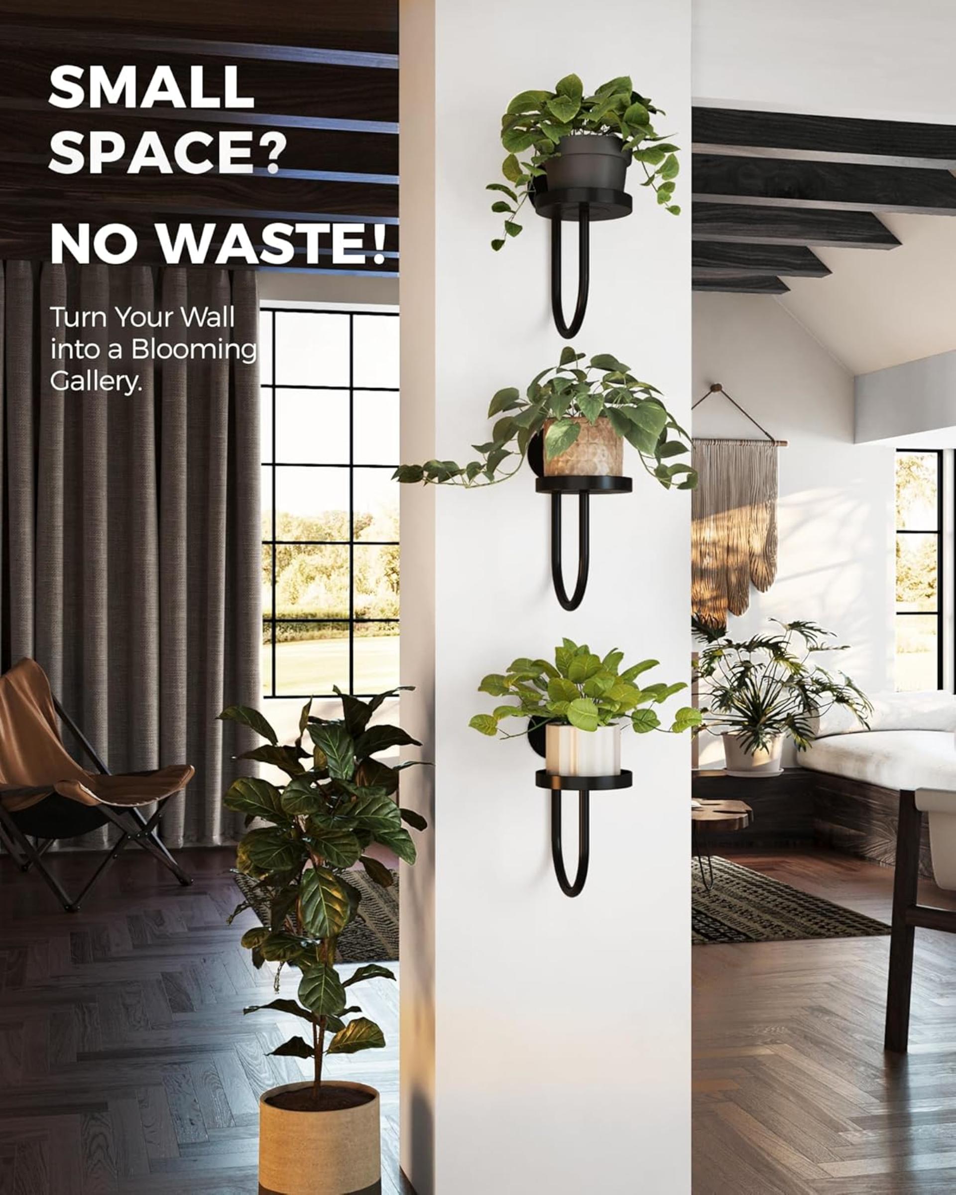 3-Pack Black Wall Planters for Indoor Plants, Space-Saving Hanging Plant Holder with Window Shelves - 6