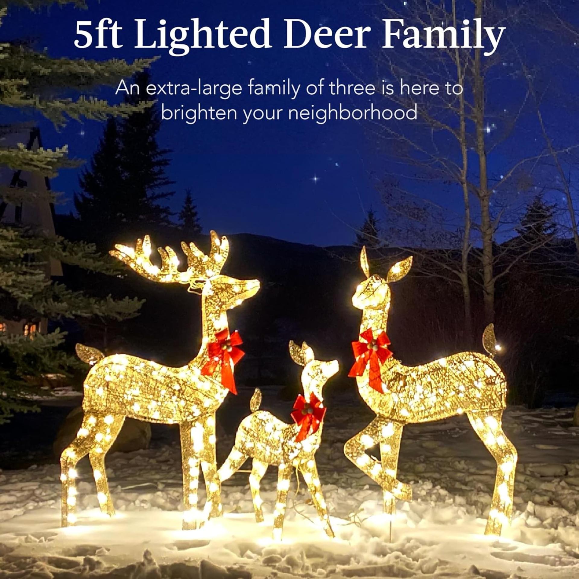 3-Piece Large Lighted Christmas Deer Family Set with 360 LED Lights, 5Ft Outdoor Yard Decoration - 2