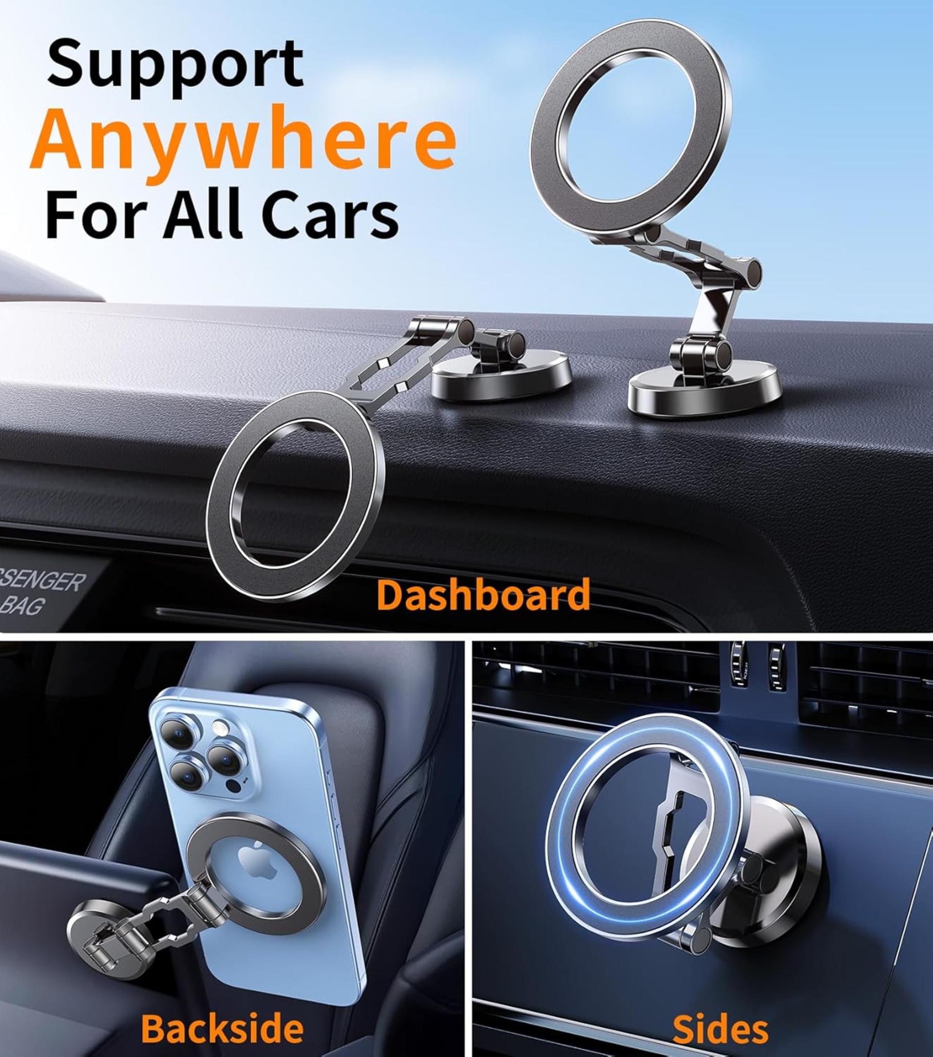 All-Metal Tri-Fold Magnetic Car Phone Mount with 360° Rotation and 20 Strong Magnets - 2