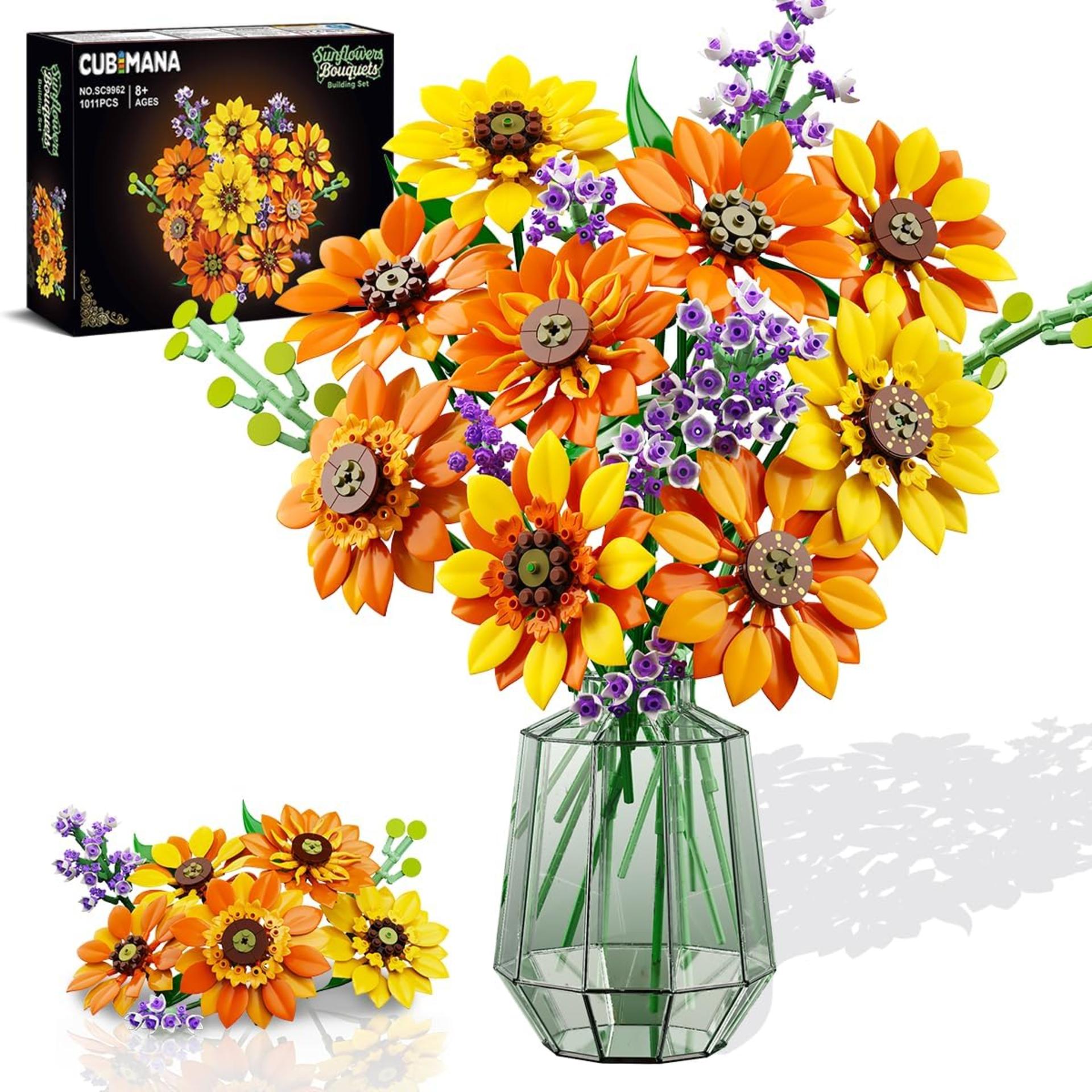 Sunflower Bouquet Building Set with LED Lights - 1011 Piece Botanical Collection for Adults