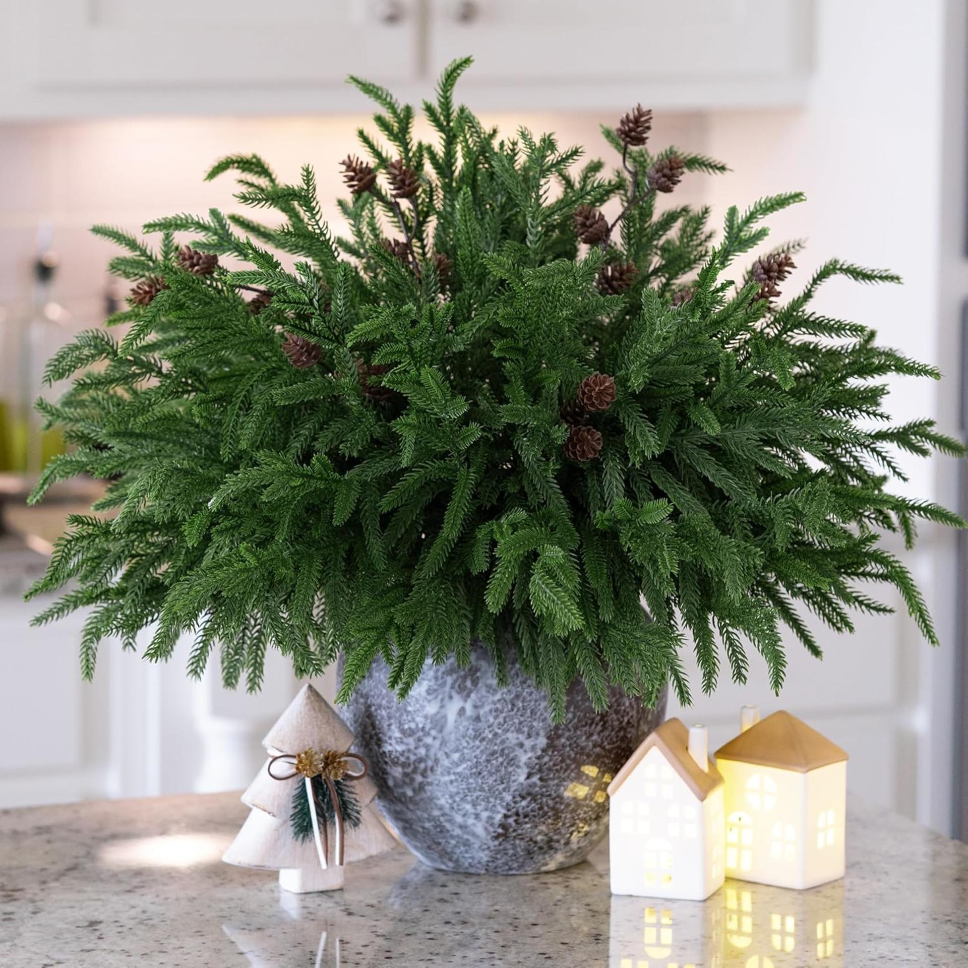 14 PCS Artificial Norfolk Pine Stems with Pine Cones, 19 Inch Real Touch Greenery for Christmas Decor - 4