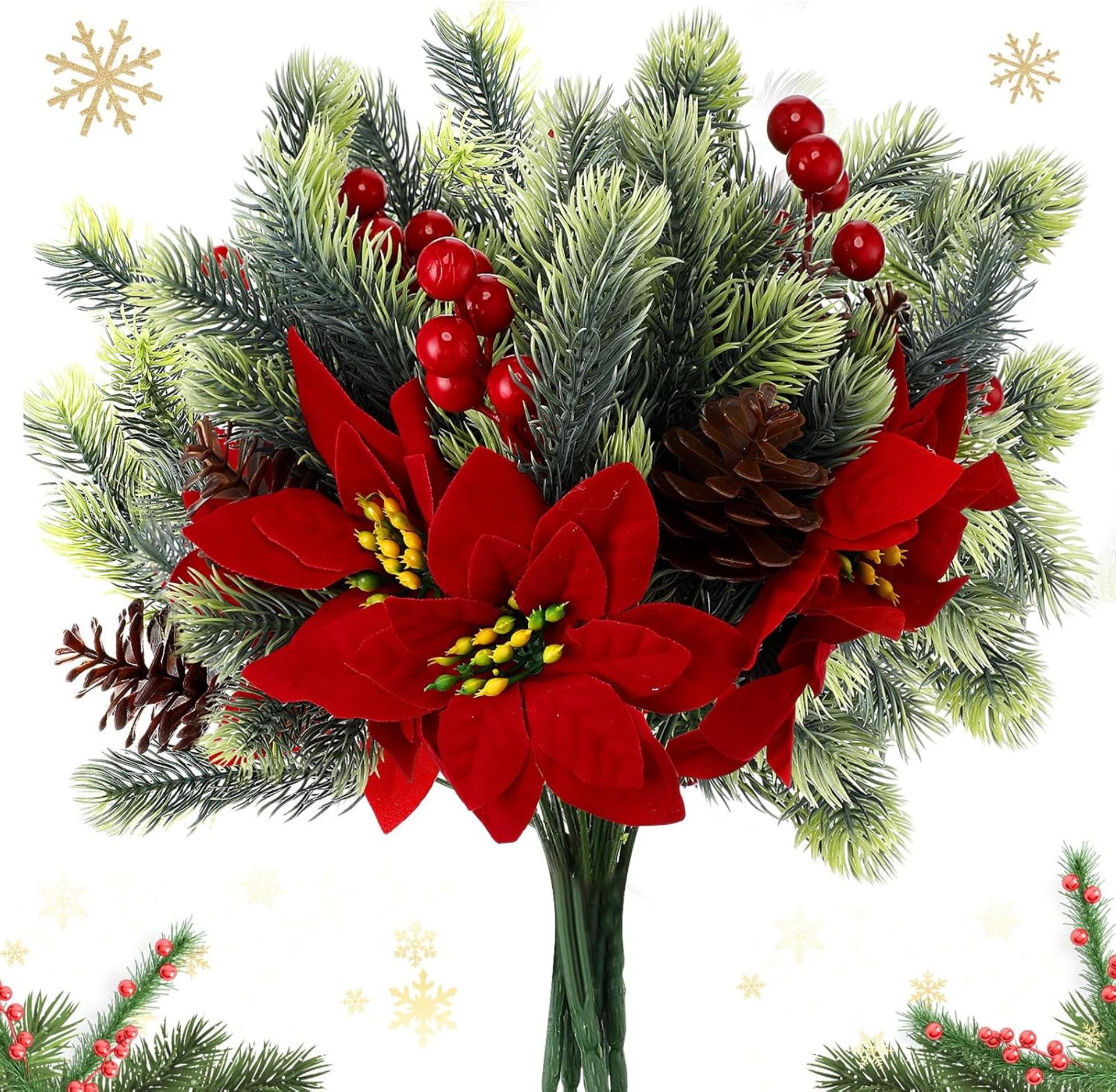 4 Pcs 13.4 Inch Artificial Poinsettia Bouquet with Pine Cones and Berries for Christmas Decor