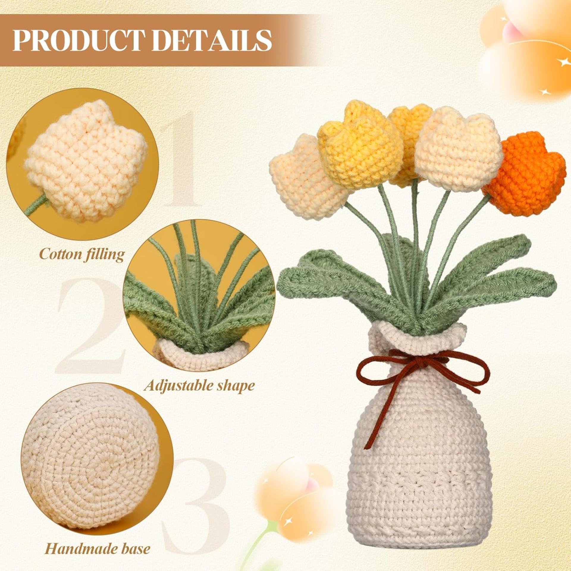 Hand Woven Crochet Tulip Bouquet with Vase - 7.1 Inch Artificial Forever Flowers for Home Decor - 4