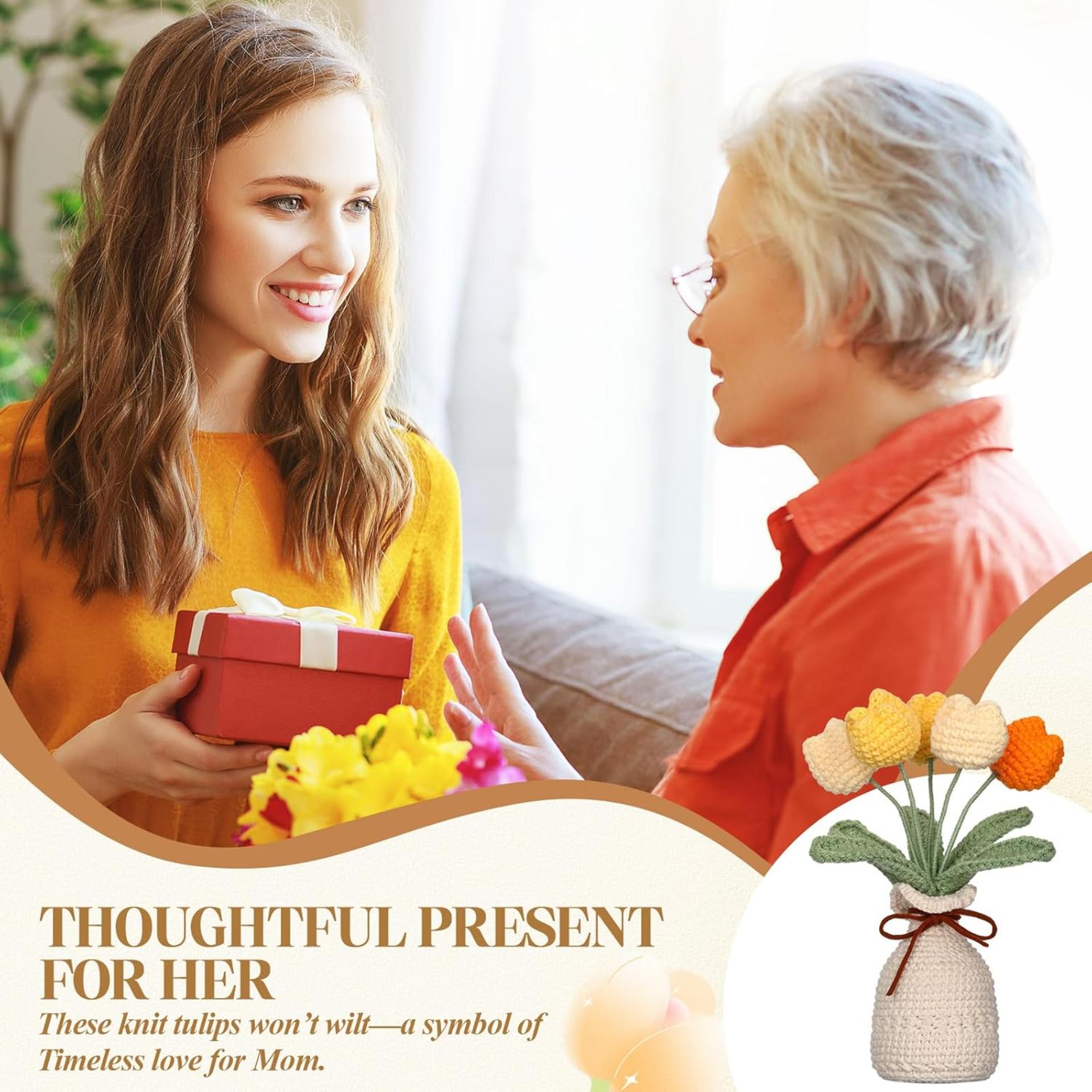 Hand Woven Crochet Tulip Bouquet with Vase - 7.1 Inch Artificial Forever Flowers for Home Decor - 6