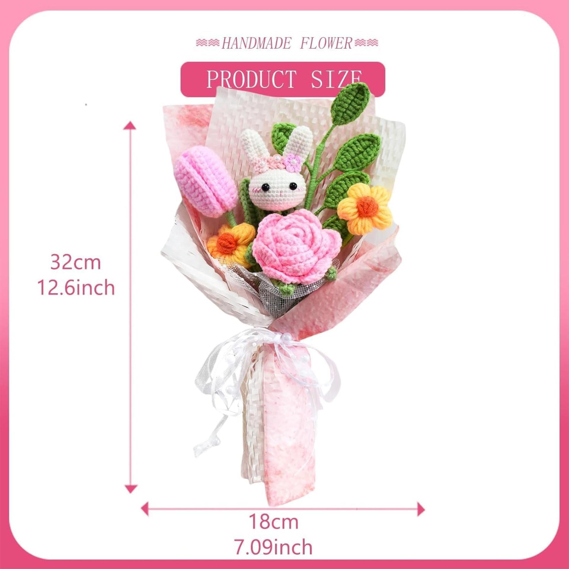 Handmade Crochet Flower Bouquet with Bunny, Pink Roses & Daisies Gift Set - 3