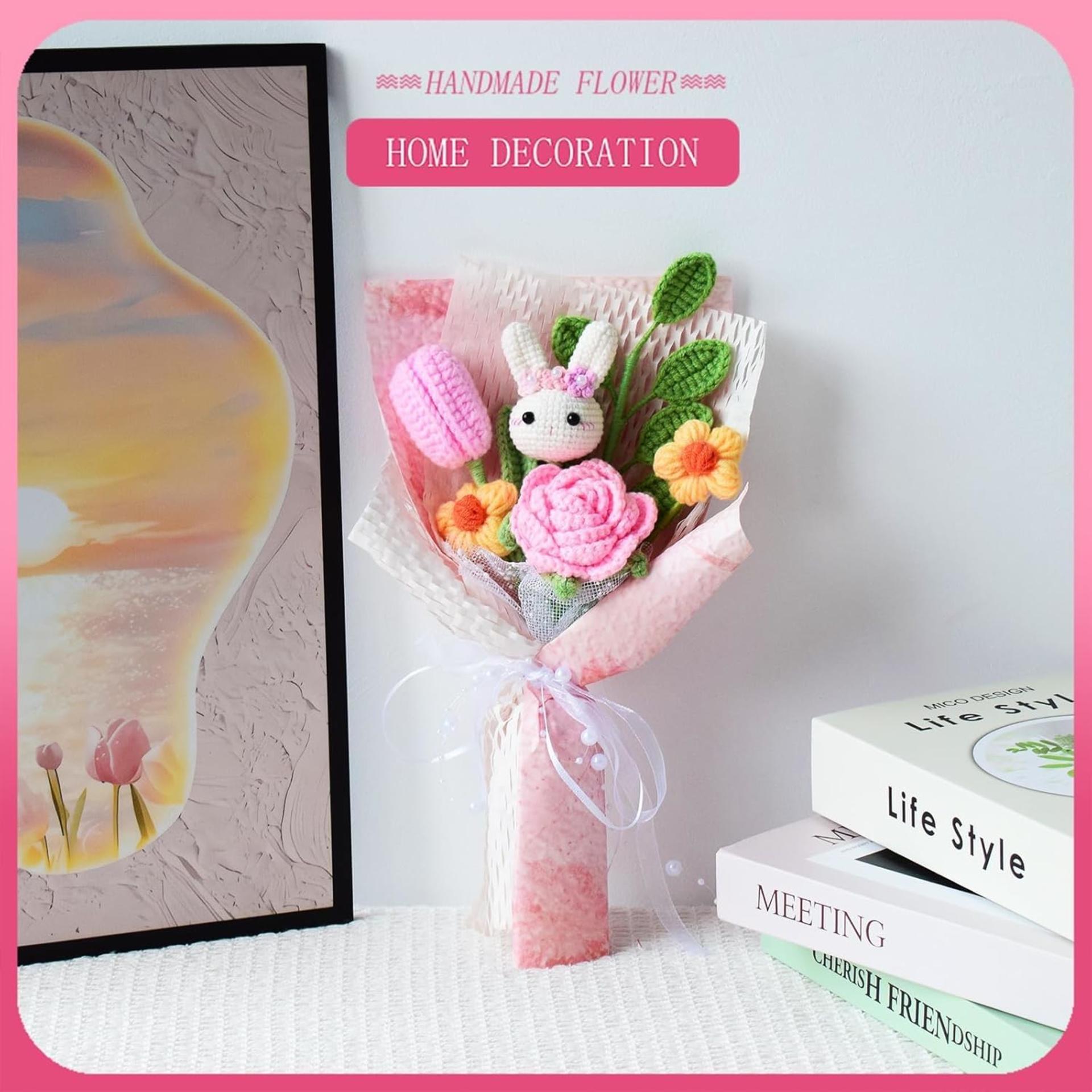 Handmade Crochet Flower Bouquet with Bunny, Pink Roses & Daisies Gift Set - 4