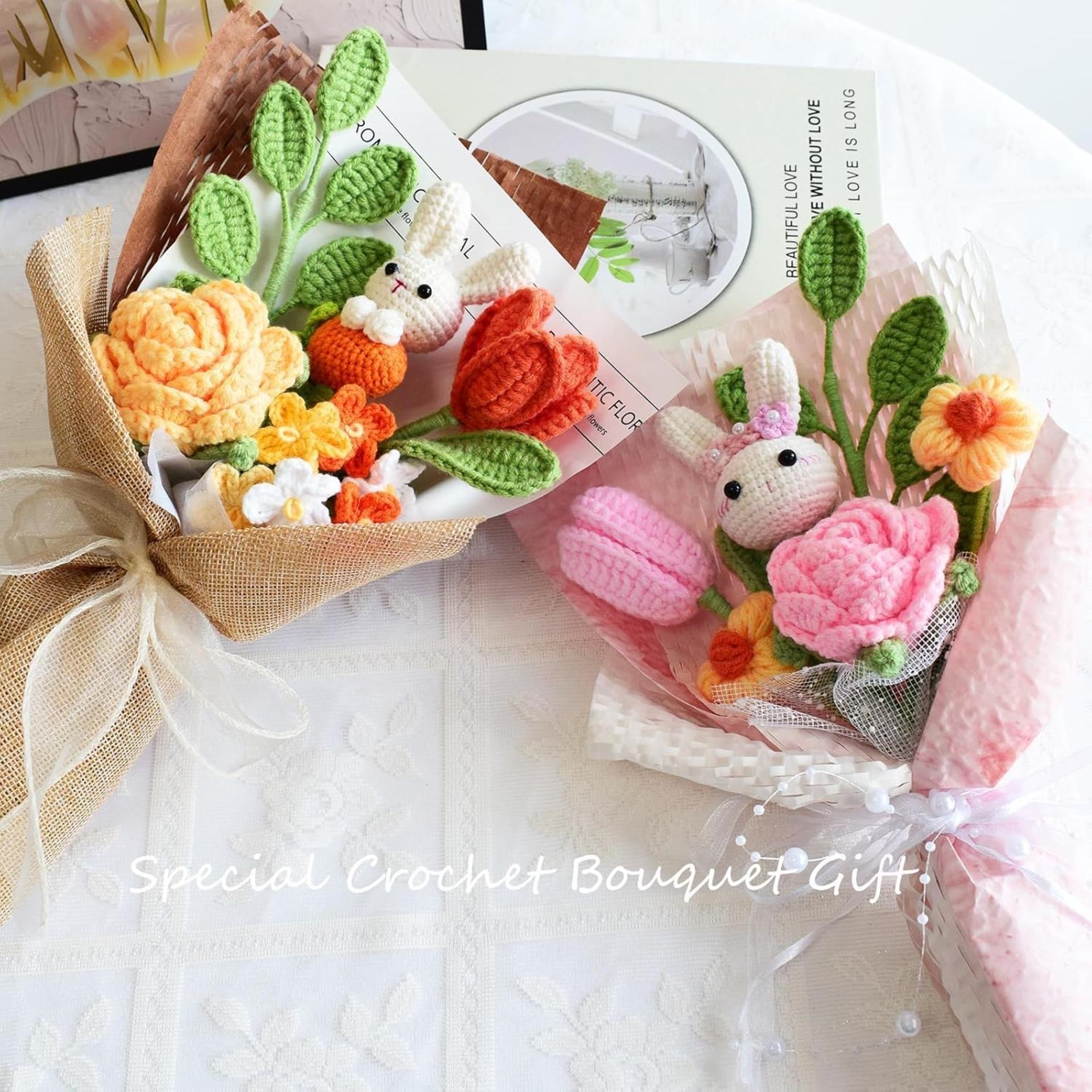 Handmade Crochet Flower Bouquet with Bunny, Pink Roses & Daisies Gift Set - 6